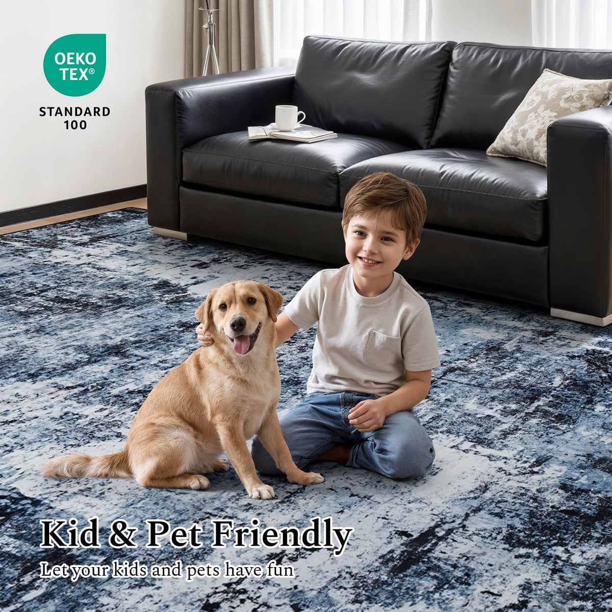Rugflix 8x10 Area Rugs for Living Room, Washable Large Rug Stain-Resistant Low Pile, Modern Dark Carpet for Dining Room Home Office Kid Room Nursery Bedroom, Navy Blue/Black
