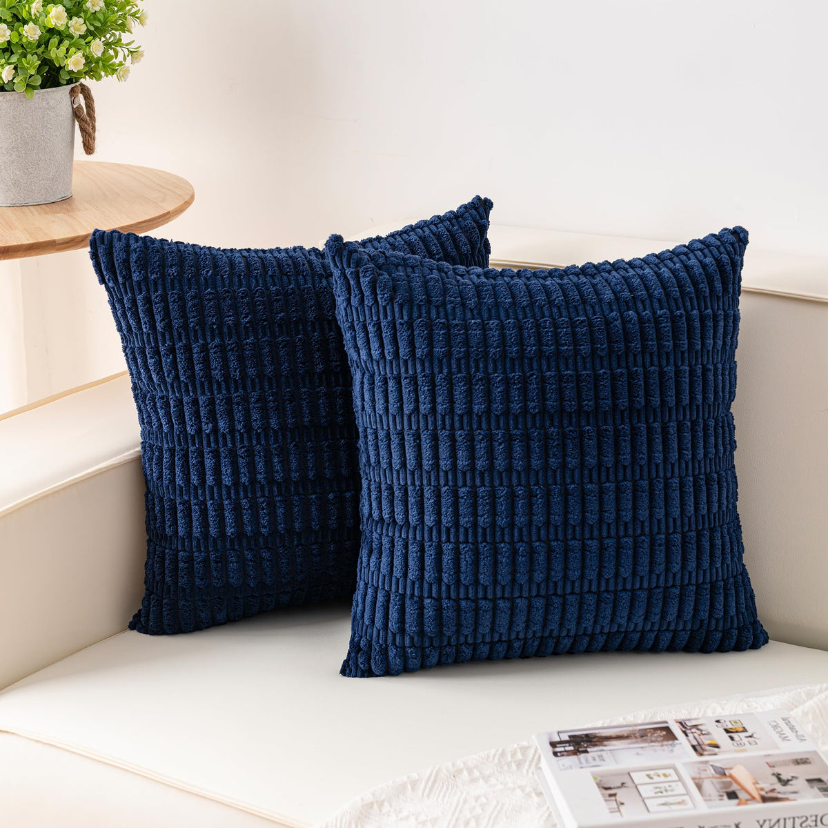 Pack of 2 Corduroy Decorative Throw Pillow Covers 18x18 Inch, Cream White | Fall Soft Striped Pillow Covers Modern Farmhouse Home Decor Christmas Throw Pillow Covers for Sofa Living Room Couch Bed ﻿