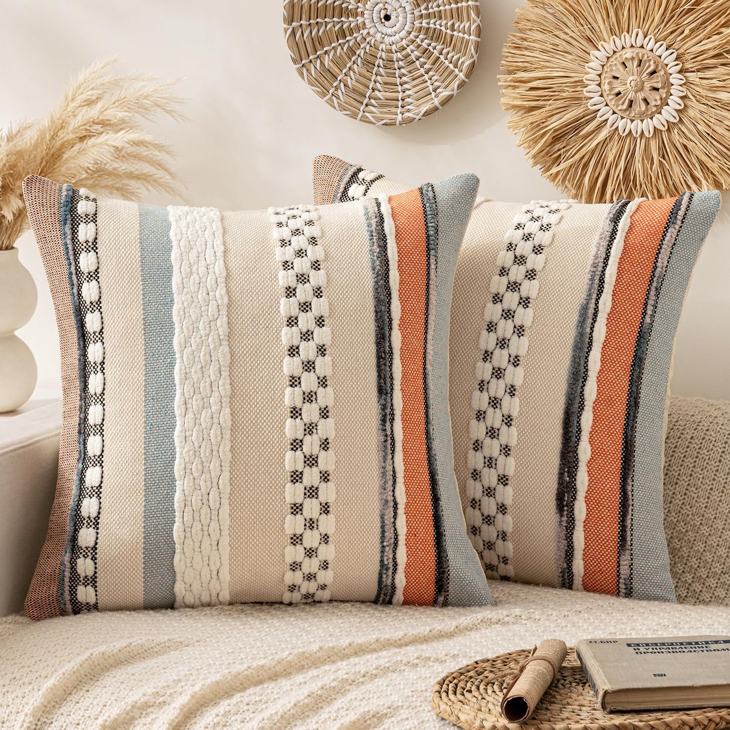 ANRODUO Boho Decorative Pillow Covers Olive Green Stripe 18x18 Pack of 2 | Throw Pillow Covers, Farmhouse Cushion Case, Chenille Pillow Cases, Pillow Covers, Accent Neutral Pillowcase for Couch Bed