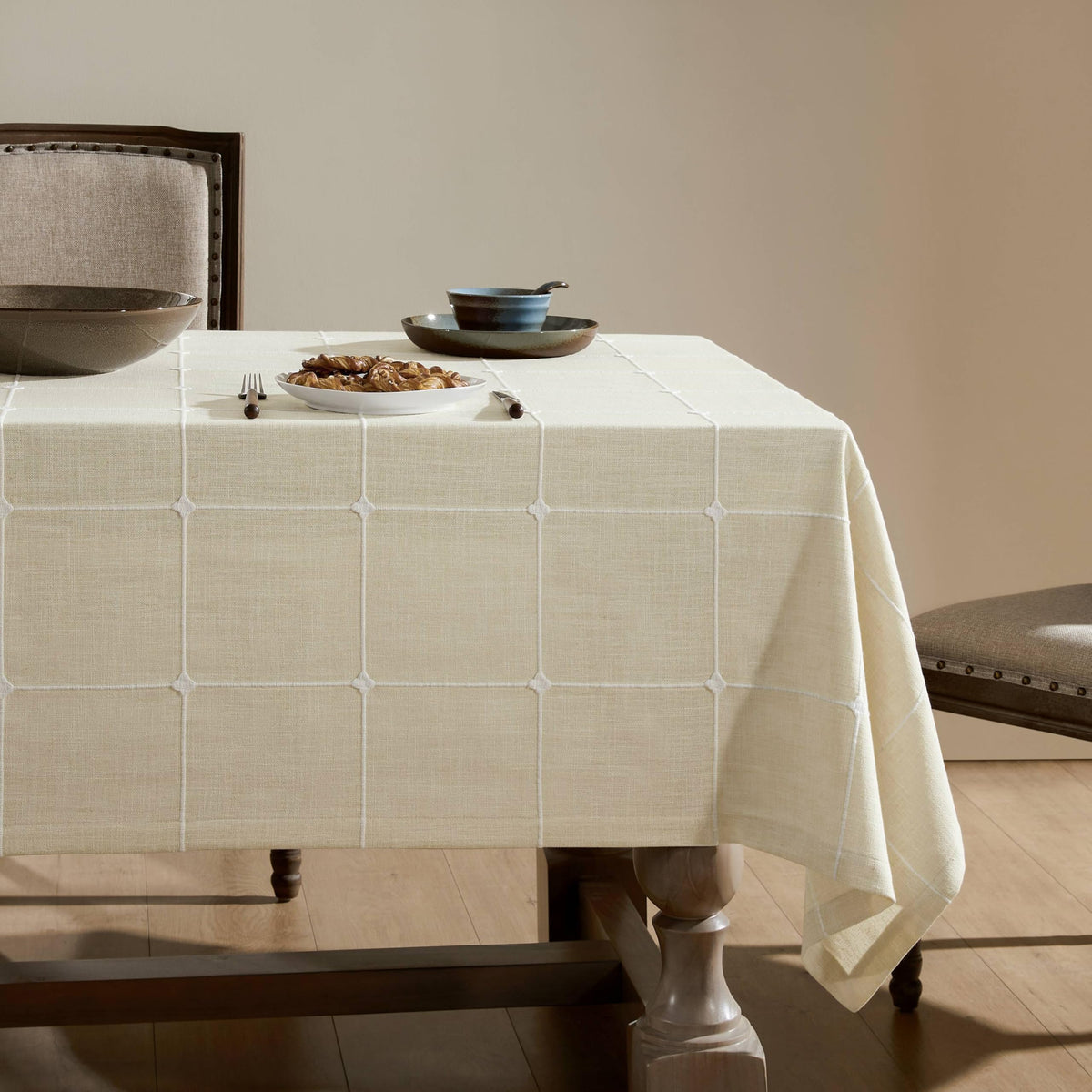 Grid Embroidered Rectangle Hemmed Tablecloths 60x120in, Blue | Heavy Weight Non-sheer Linen Fabric, Mitered Corner Finish, Water Resistant Farmhouse Table Cover, Boho Plaid Home Decor