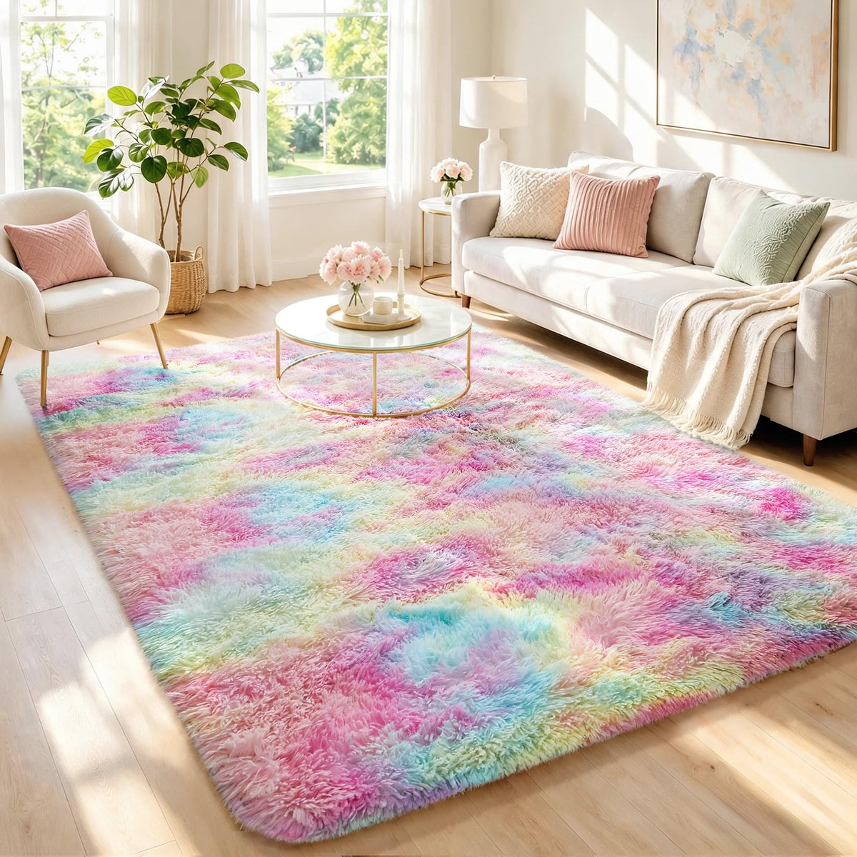 Ophanie 8x10 Area Rugs for Living Room, Washable Non-Slip Fluffy Soft Large Shag Bedroom Carpet, Ivory Big Indoor Nursery Rug, Carpets for Boy and Girls Room Dorm Decor with Over 99 pcs Pile fibers