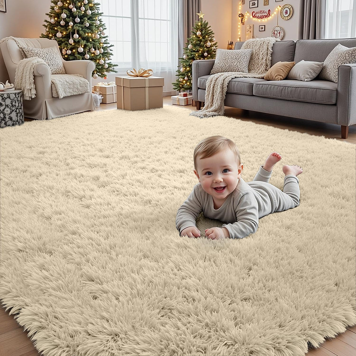 8x10 Fluffy Shag Area Rugs for Living Room Bedroom: Soft Plush Carpet Grey | Upgraded Non-Slip Thick Memory Foam, Ultra Soft, Non-Shedding Fuzzy Carpet, Easy Clean Decor for Kids Room, Nursery, Playroom