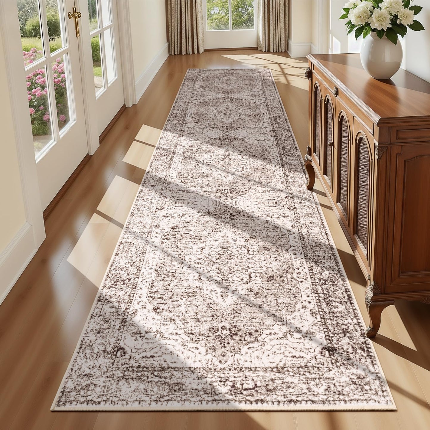 Lofus 5x7 Area Rugs for Living Room Bedroom, Soft Boho Carpet Floral Brown | High-Power Vacuuming, Non-Slip, Low Pile, Stain & Water Repellent, Soft, Skin-Friendly, for Kitchen Entryway Office