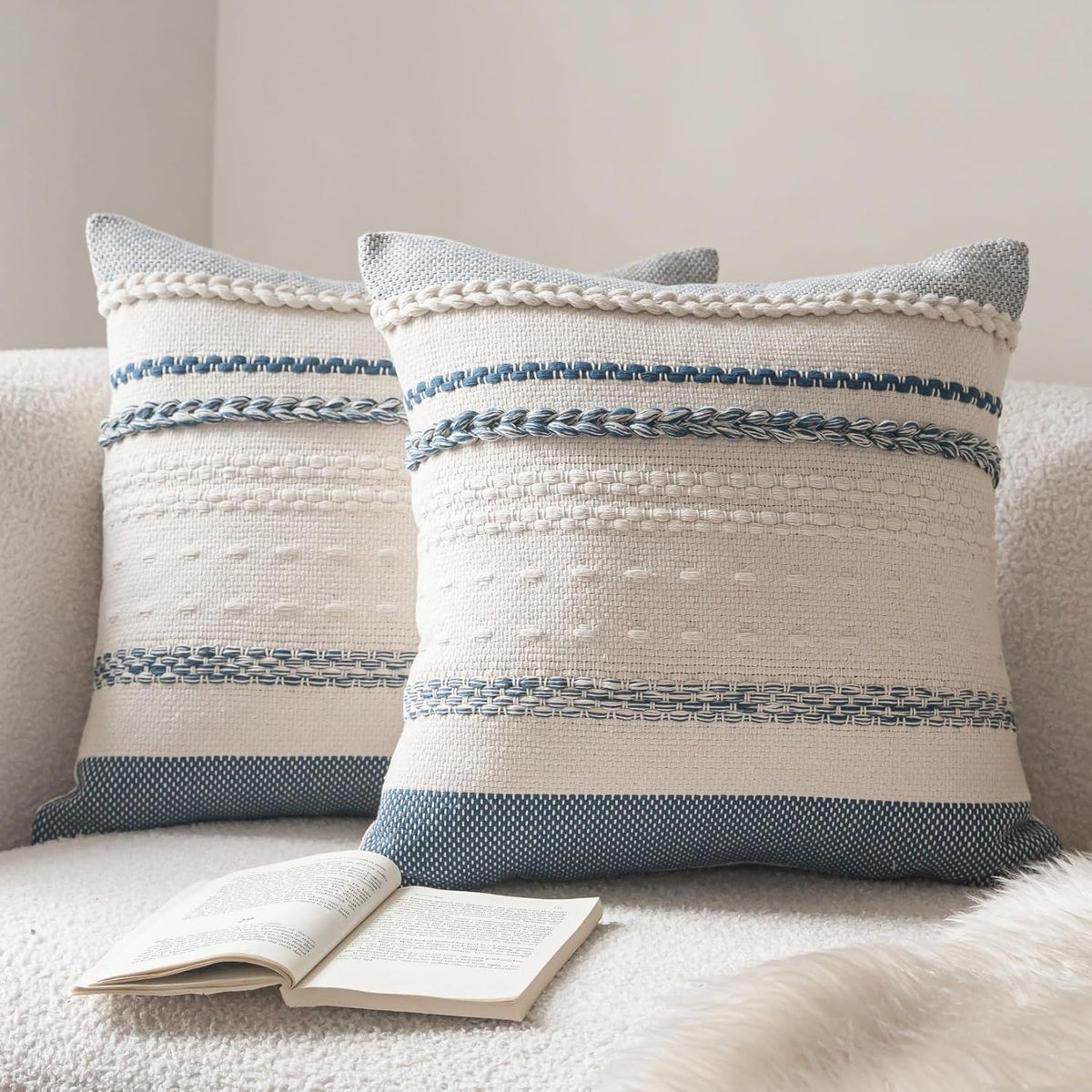 Cethom Boho Throw Pillow Covers 18x18 Inch Set of 2, Blue Textured Decorative Couch Pillow Cases for Farmhouse Home Decor, Accent Cushion Cover for Sofa, Bed, Living Room, Bedroom
