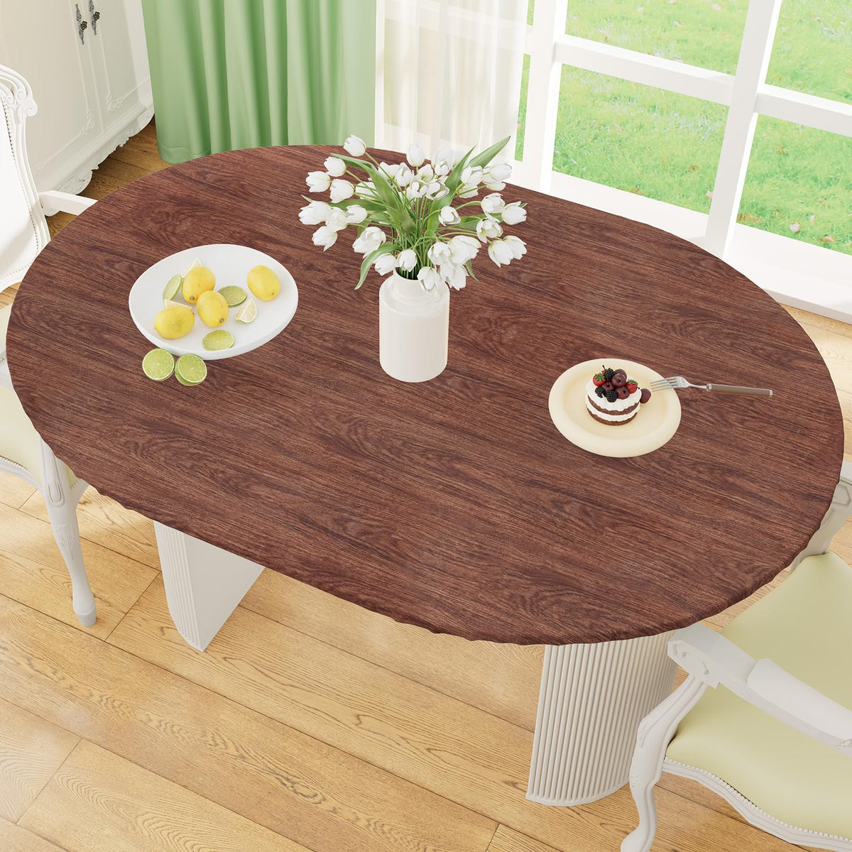 Round Fitted Tablecloth with Elastic Edge, 100% Waterproof Oil Proof Plastic Table Cover, Vinyl Flannel Backed Tablecloth Fits 36"-44" Round Tables for Dinner, Outdoor, Picnic, Oak Wooden Grain