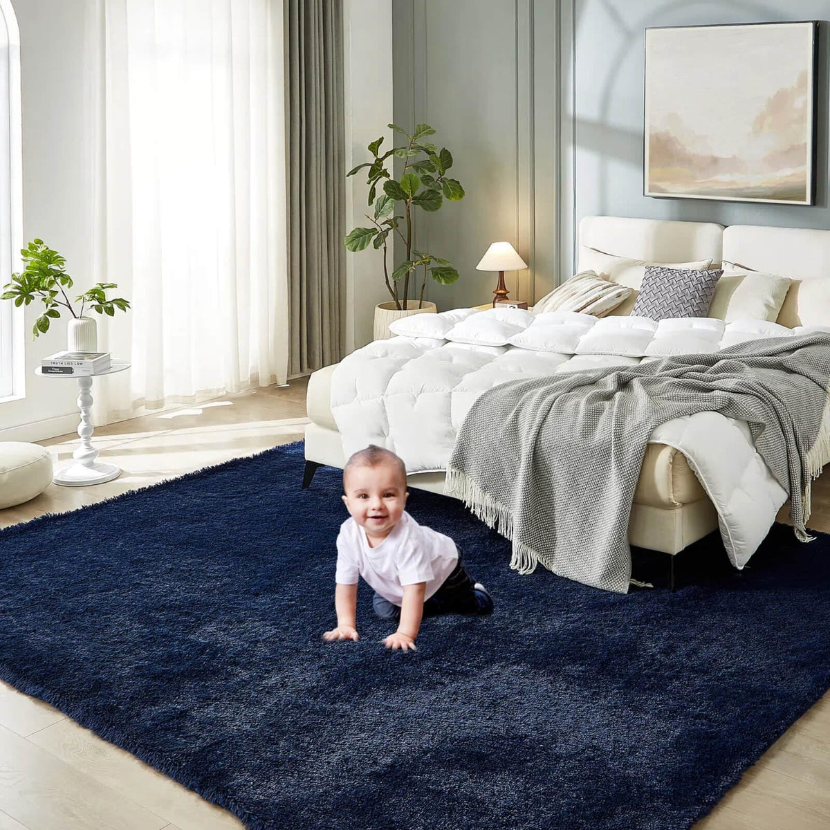 Floralux Rugs for Living Room, 6x9 Large Shag Area Rug, Tie-Dyed Light Grey Soft Fluffy Carpets for Bedroom