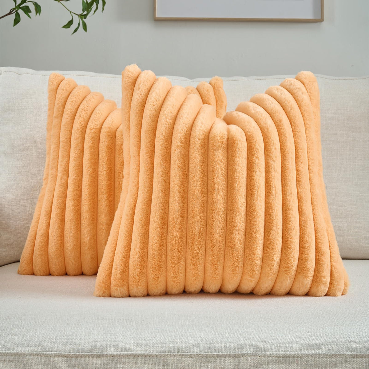 FUTEI Pack of 2 Faux Fur Throw Pillow Covers 18x18 Inch, Cream White | Fluffy Faux Rabbit Fur Front/Premium Velvet Back,Hidden Zipper,Machine Washable,Non-Shedding,Colorfast,Insert Not Included.