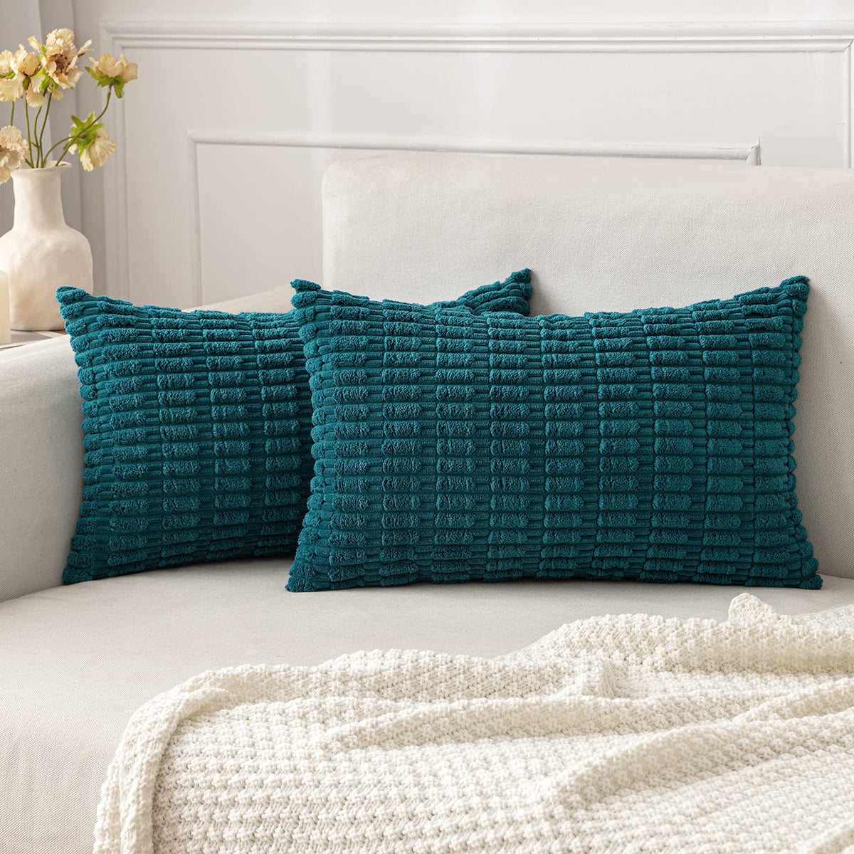 MIULEE Corduroy Decorative Throw Pillow Covers 18x18 Cream White Pack of 2 | Soft Boho Striped Pillow Covers Modern Farmhouse Home Decor For Sofa Living Room Couch Bed