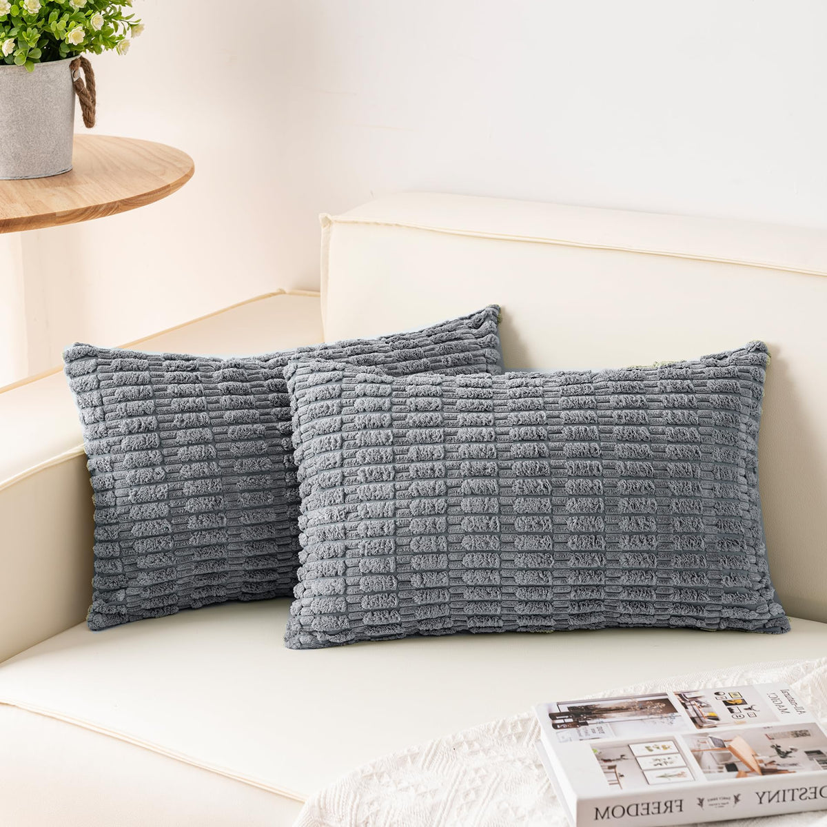 Pack of 2 Corduroy Decorative Throw Pillow Covers 18x18 Inch, Cream White | Fall Soft Striped Pillow Covers Modern Farmhouse Home Decor Christmas Throw Pillow Covers for Sofa Living Room Couch Bed ﻿