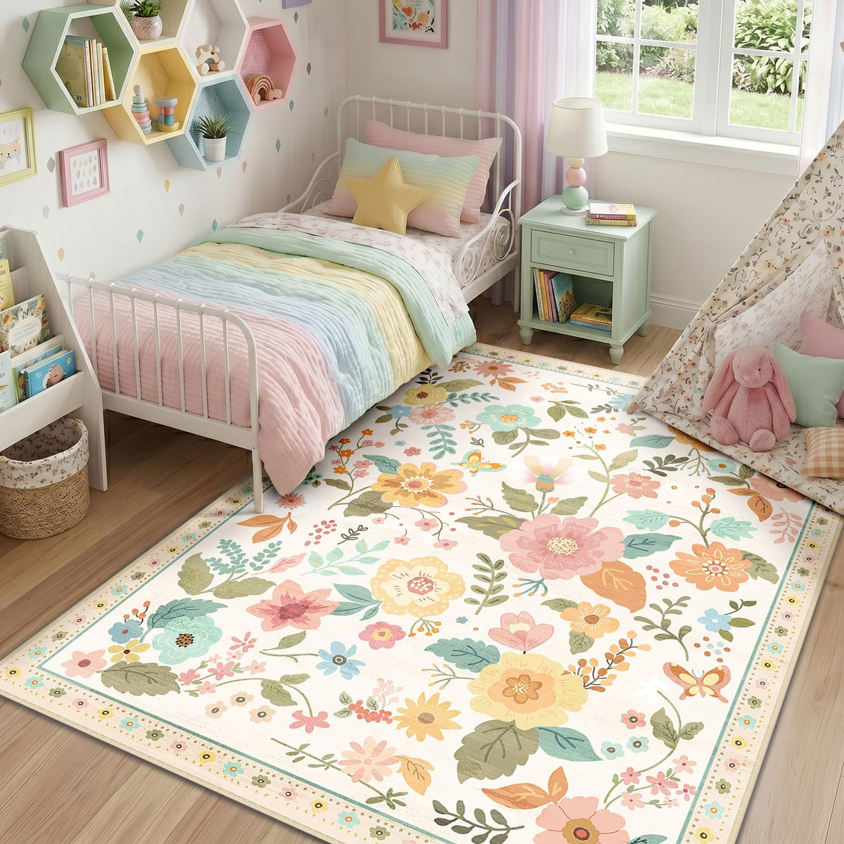 RELEANY Floral Washable 5x7 Area Rugs Black | Flower Carpet, Print, Boho, Non-Slip, Easy to Clean, Soft, Low Pile for Living Room Bedroom Kitchen Office Entryway Hallway