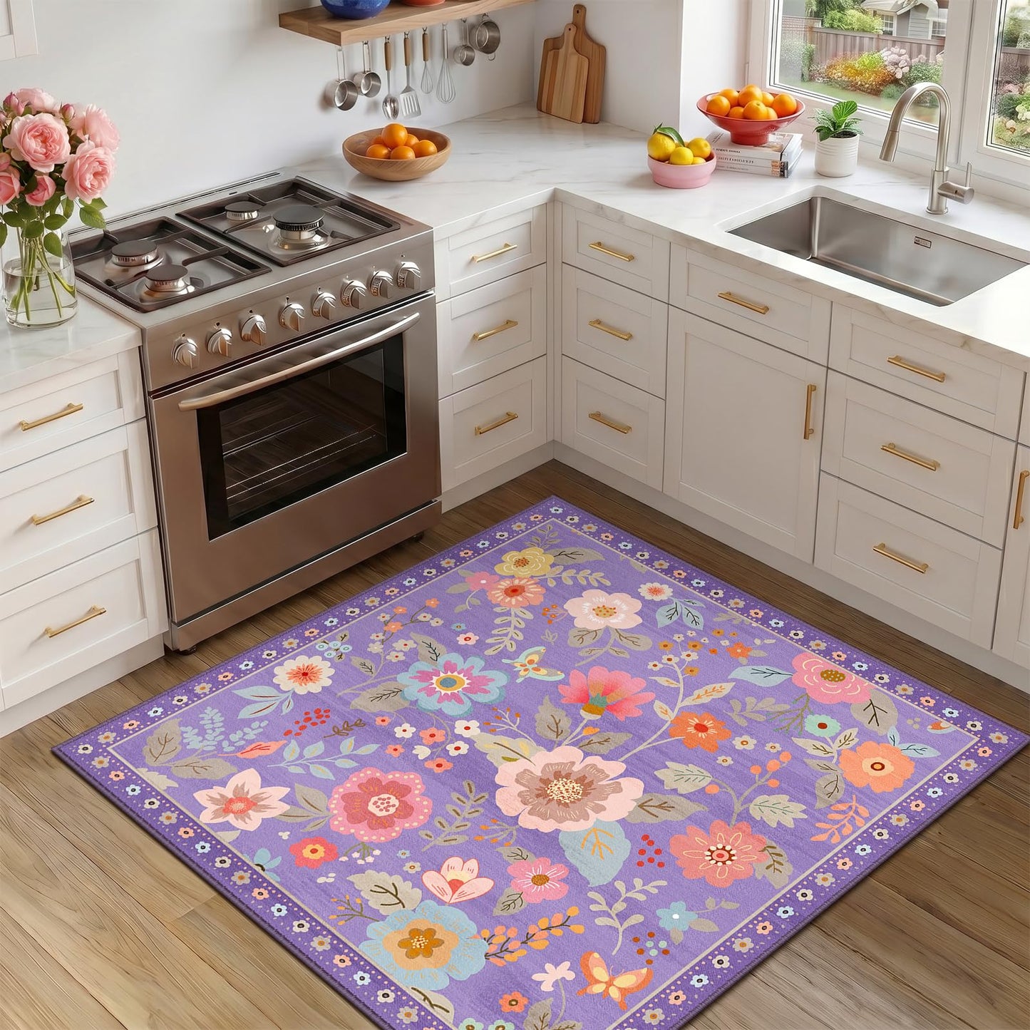 RELEANY Floral Washable 5x7 Area Rugs Beige/White/Orange | Flower Carpet, Print, Boho, Non-Slip, Easy to Clean, Soft, Low Pile for Living Room Bedroom Kitchen Office Entryway Hallway