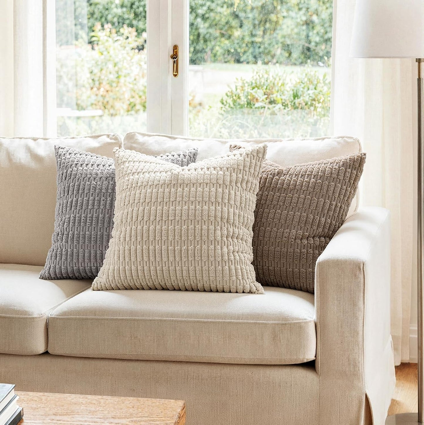 MIULEE Corduroy Decorative Throw Pillow Covers 18x18 Cream White Pack of 2 | Soft Boho Striped Pillow Covers Modern Farmhouse Home Decor For Sofa Living Room Couch Bed