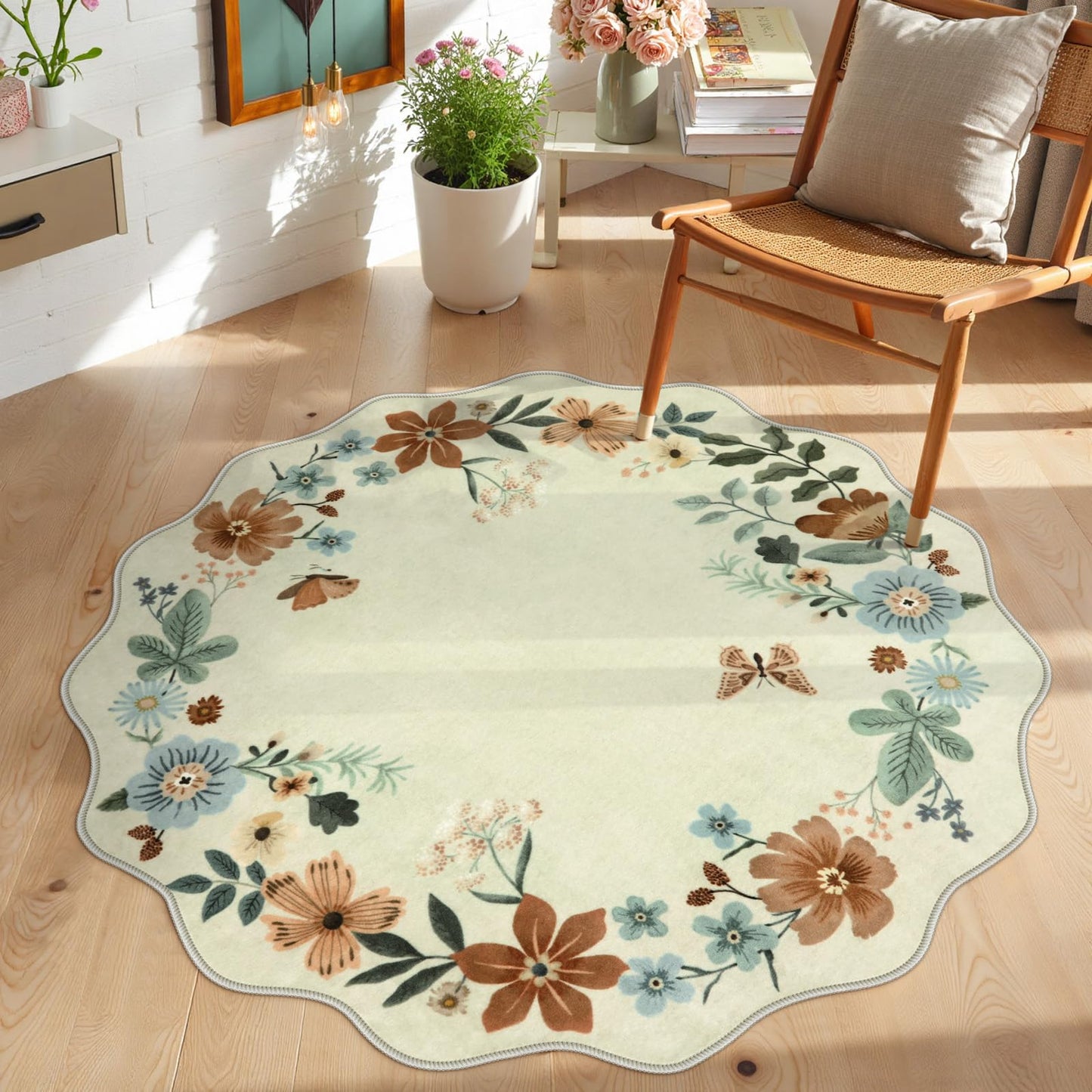 Lahome Floral Washable Living Room Rug, 5x7 Area Rugs for Bedroom Soft | Dining Room Rug Ultra-Thin Non Slip Stain Resistant Boho Low-Pile Throw Carpet for Office Flore (5x7ft, Beige)