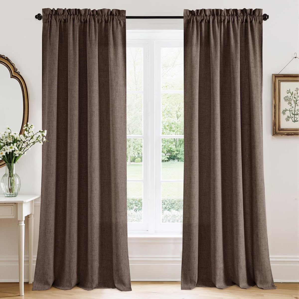 RYB HOME White Semi Sheer Curtains 84 inches Long for Living Room | Half Privacy, Linen Textured, Sheer Light Filtering, Vertical Window Drapes, for Bedroom Dining, White, W52 x L84, 2 Panels