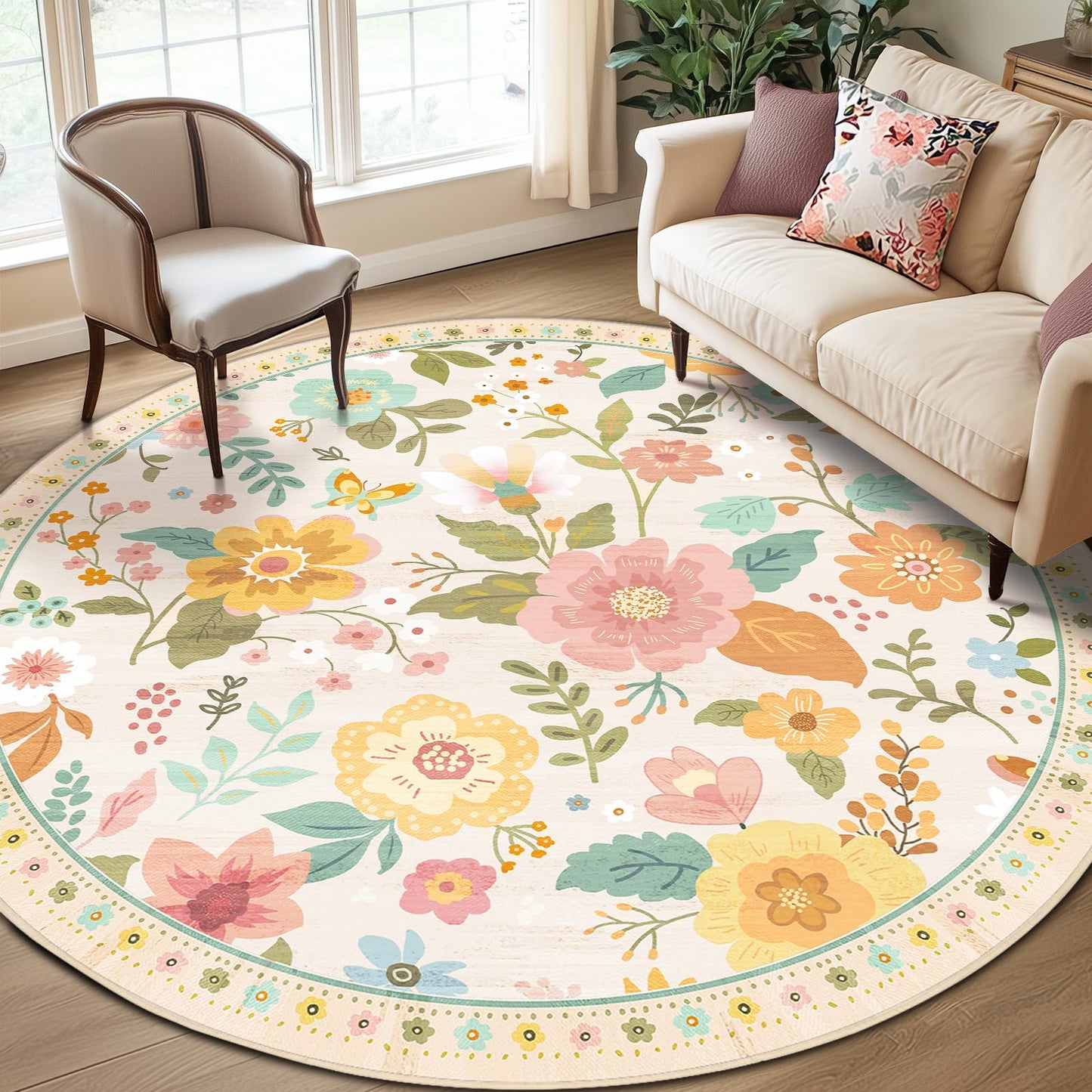 RELEANY Floral Washable 5x7 Area Rugs Beige/White/Orange | Flower Carpet, Print, Boho, Non-Slip, Easy to Clean, Soft, Low Pile for Living Room Bedroom Kitchen Office Entryway Hallway