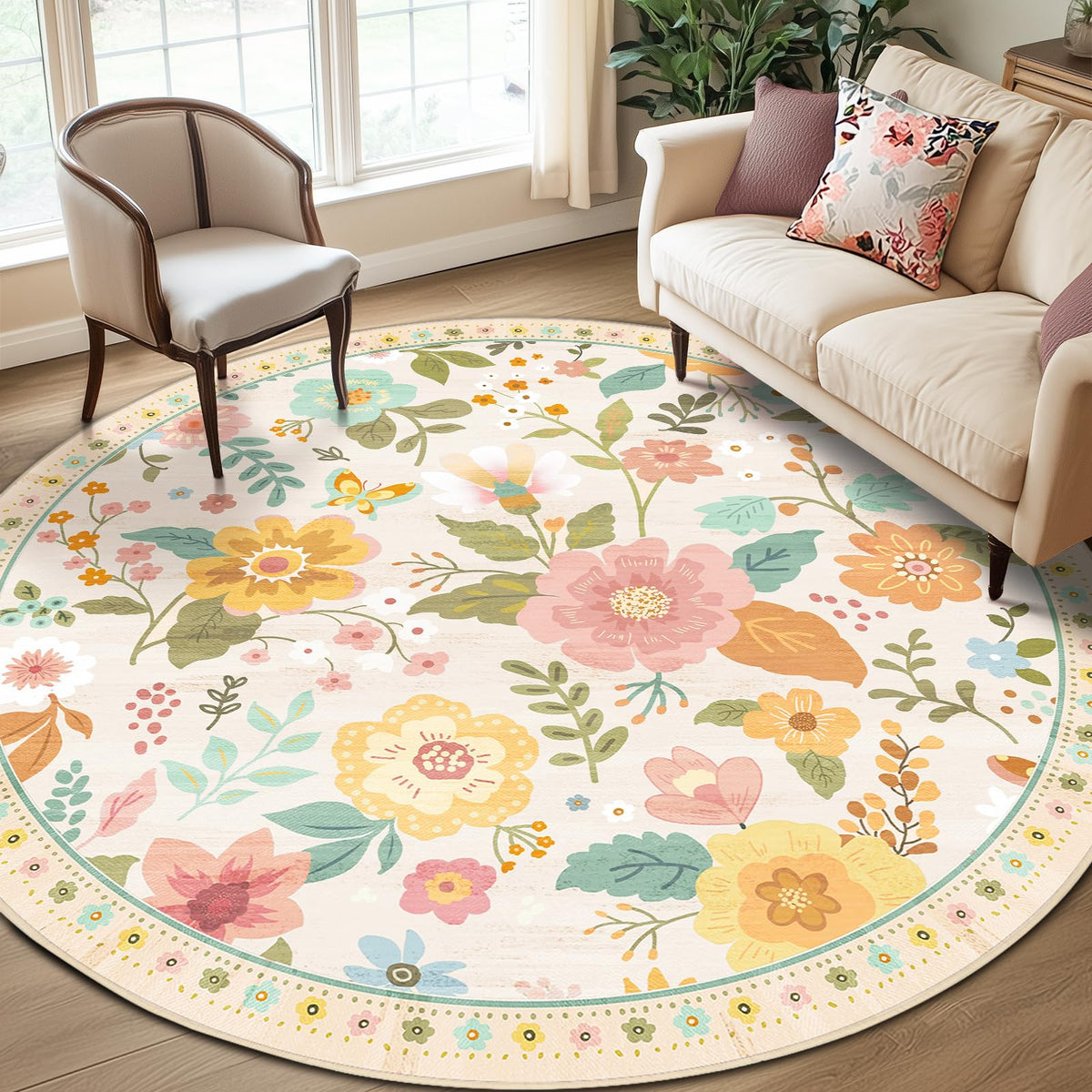 RELEANY Floral Washable 5x7 Area Rugs Black | Flower Carpet, Print, Boho, Non-Slip, Easy to Clean, Soft, Low Pile for Living Room Bedroom Kitchen Office Entryway Hallway