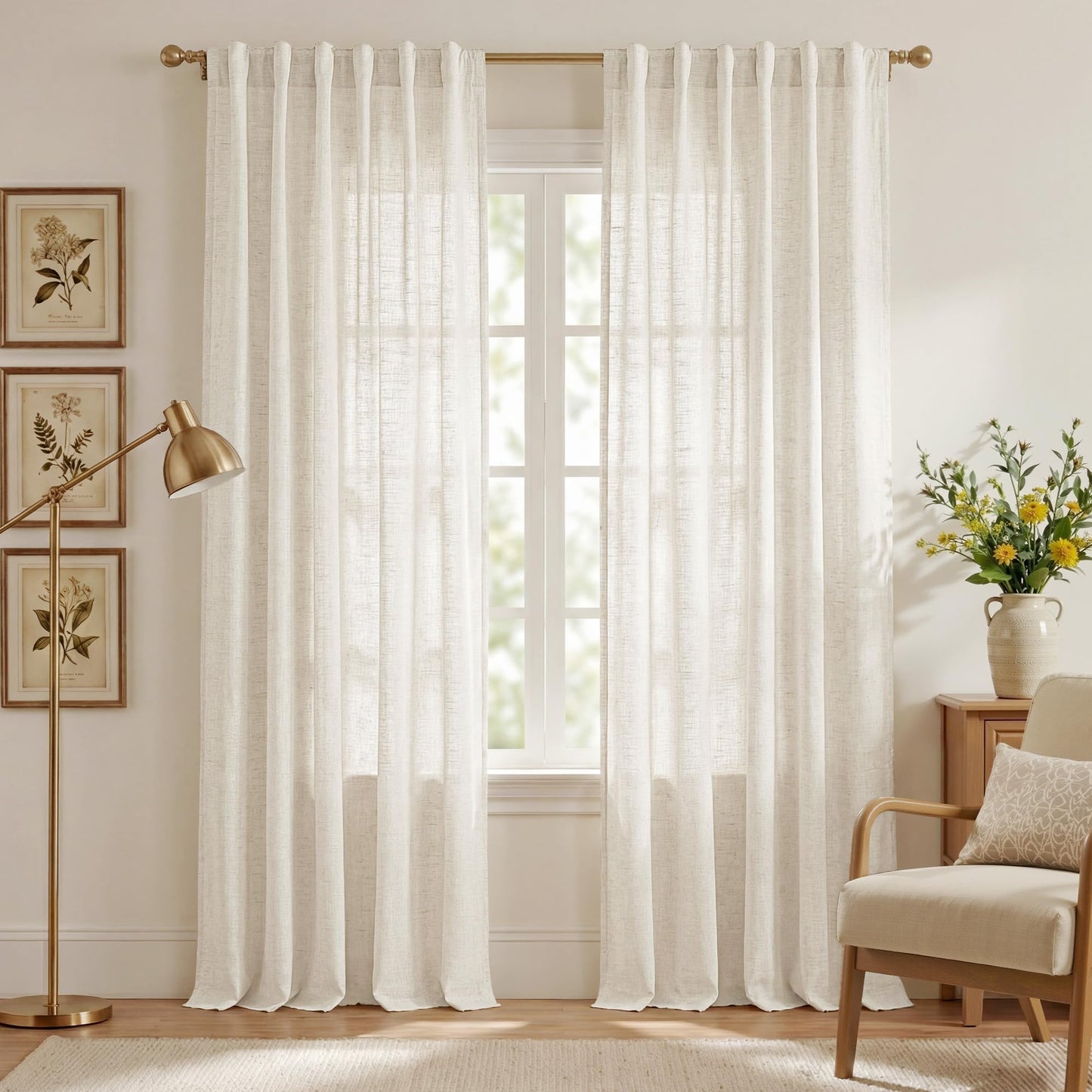 NICETOWN Flax Linen Curtains 84 inch Long, Rod Pocket & Back Tab Semi Sheer Vertical Drapes Privacy Added with Light Filtering for Bedroom/Living Room, Burlap, W52 x L84, 2 Pieces