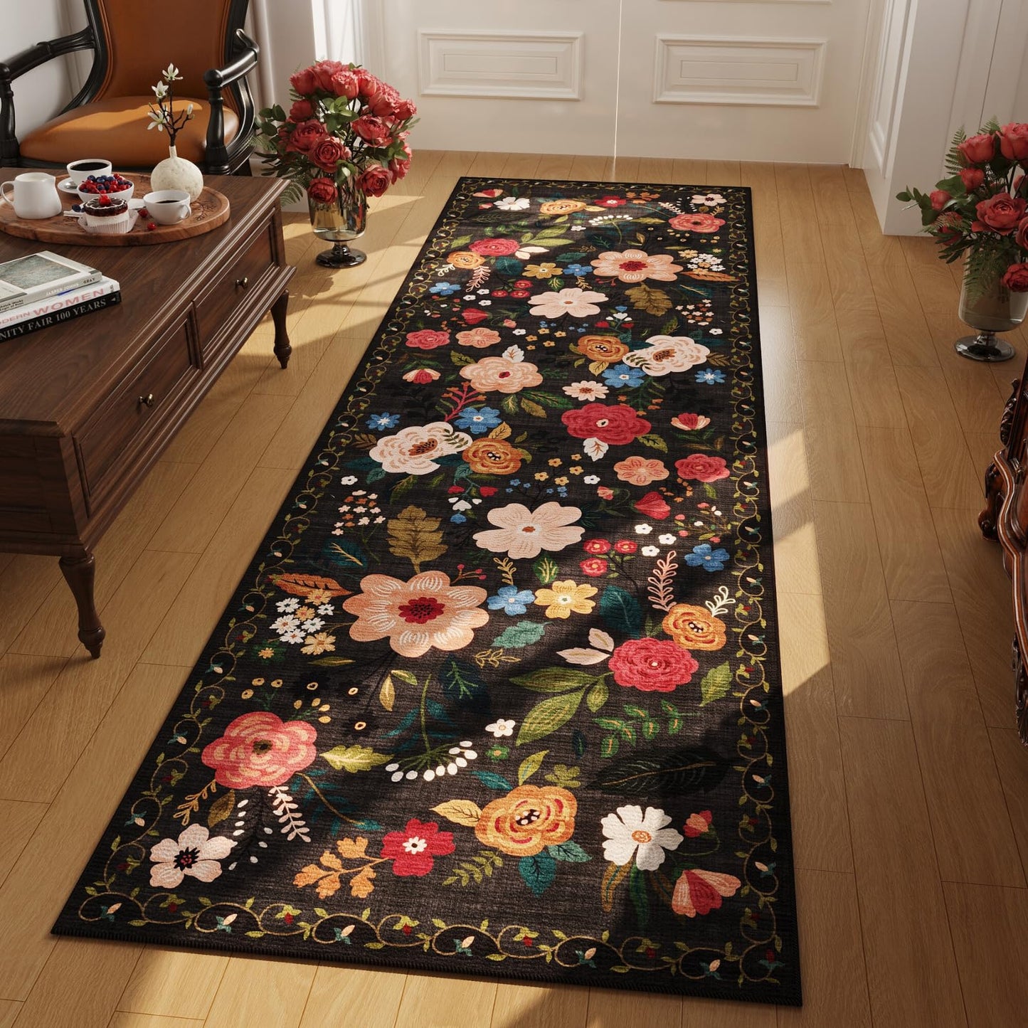 Rugcomf Living Room Rug 5x7 Rug Machine Washable Boho Area Rug Non Slip Floral Vintage Low Pile Large Rugs for Living Room, Bedroom, Farmhouse, Dining Room, Kids Playroom(Black)