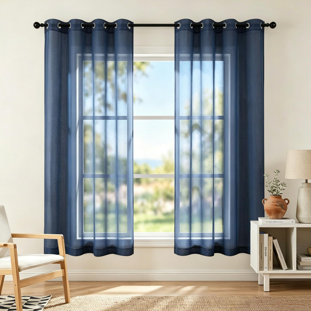 White Sheer Curtains 84 Inches Long Set 2 Panels Grommet Pair Faux Linen Semi Transparent Drape Tulle Gauze Voile Window Sheer Curtains for Bedroom Living Room Dining Wide 52 Length Solid Pack