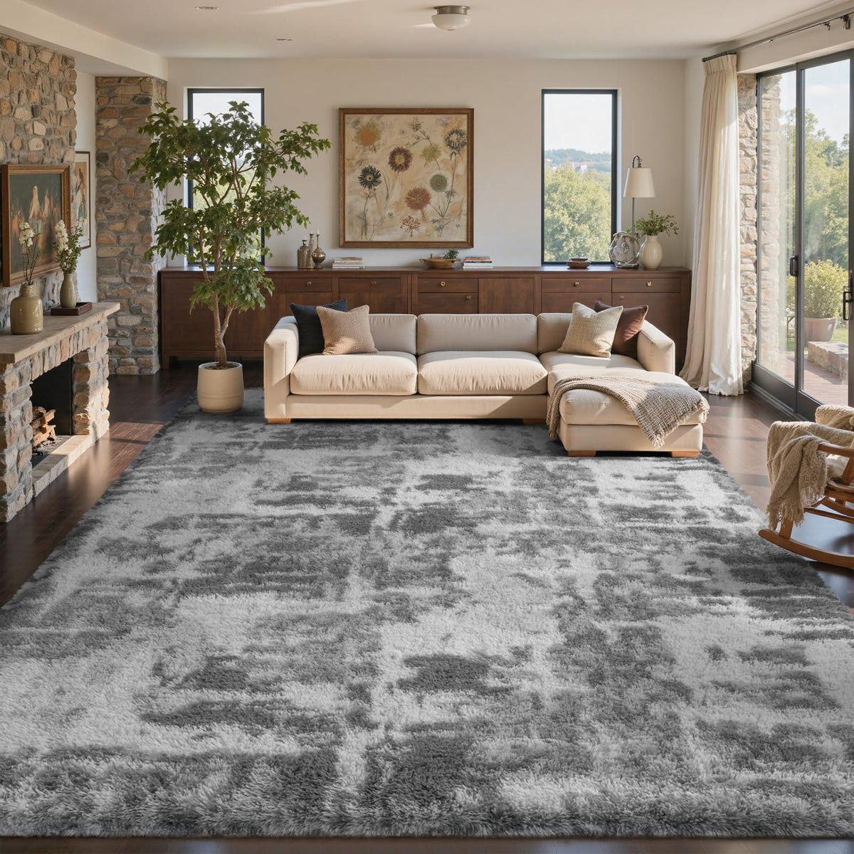 6x9 Ft Large Shag Rugs for Living Room Decor, Tie-Dyed Ultra Soft Fluffy Furry Area Rugs for Bedroom Indoor Floor, Aesthetic Carpet for Kids Home (Dark Grey)