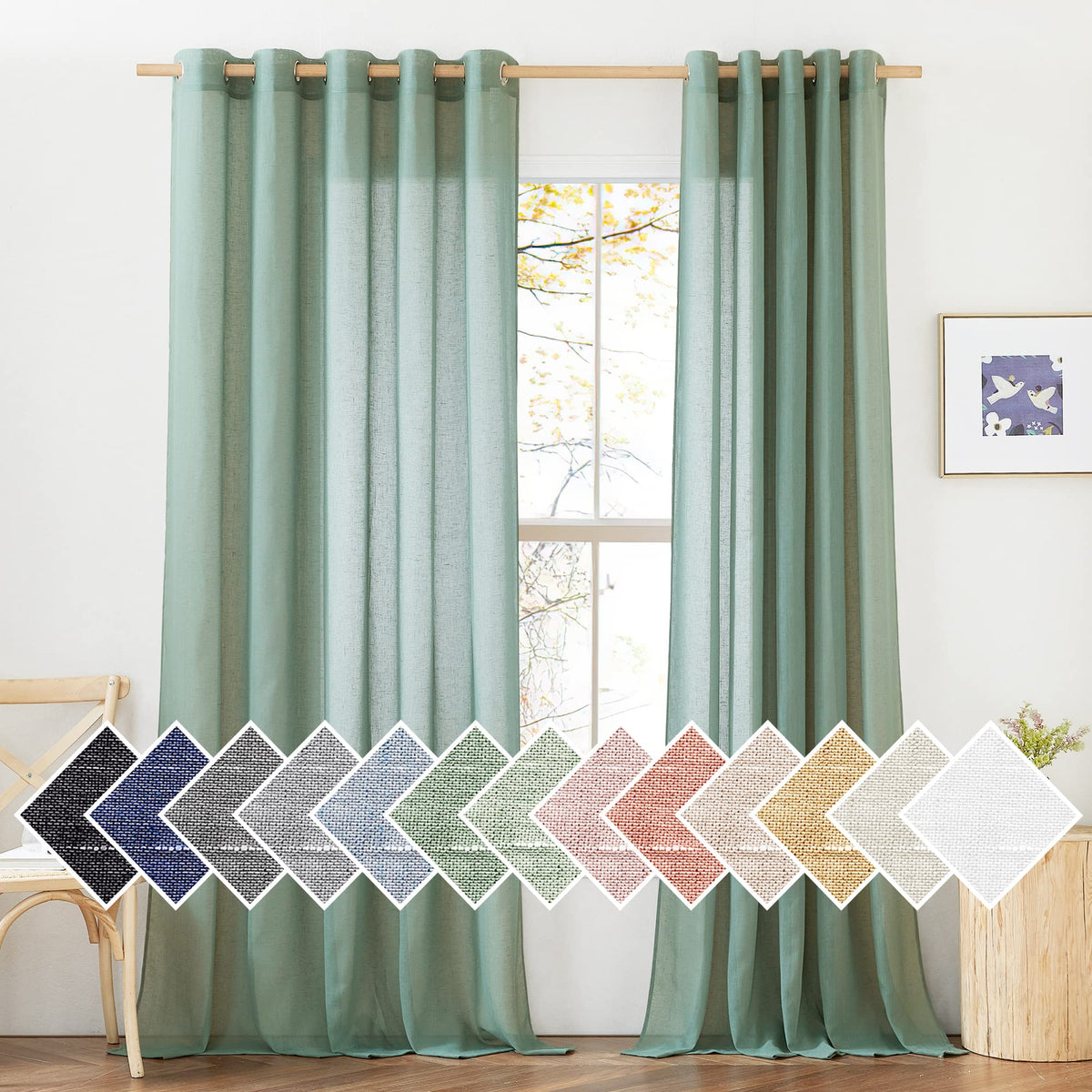NICETOWN White Sheer Linen Curtains for Living Room 84 inch Length 2 Panels Set, Grommet Semi Sheer Privacy with Light Filtering Flax Window Treatments for Bedroom, W52 x L84