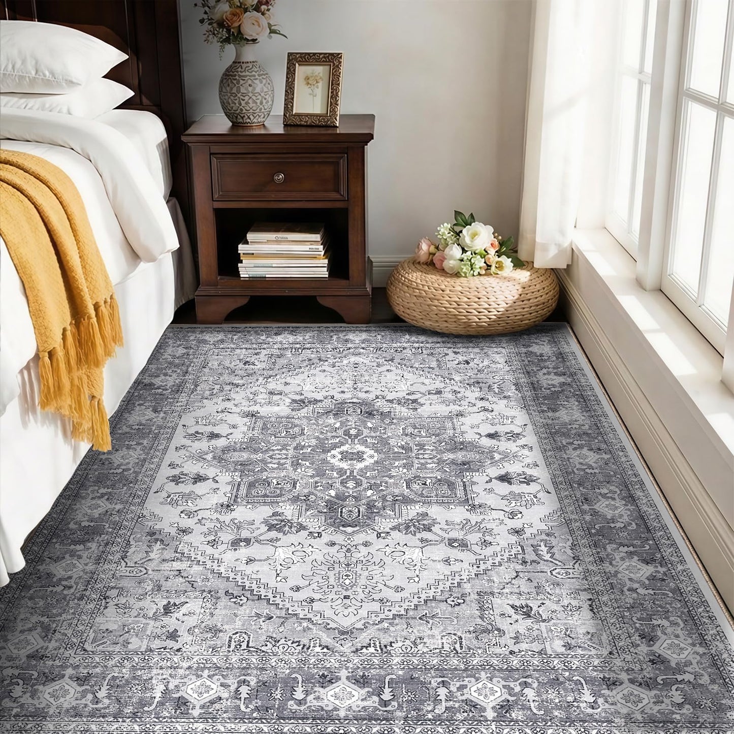 OPPODREAM Soft Area Rugs 5x7, Persian-Inspired Washable Rug, Blue & Gold | Low-Pile Faux Cashmere Surface, TPR Non-Slip Backing, 5 x 7 Carpet for Bedroom, Office, Dorm, Dining Room