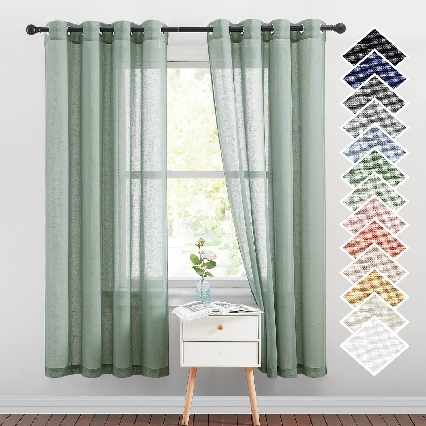 NICETOWN White Sheer Linen Curtains for Living Room 84 inch Length 2 Panels Set, Grommet Semi Sheer Privacy with Light Filtering Flax Window Treatments for Bedroom, W52 x L84