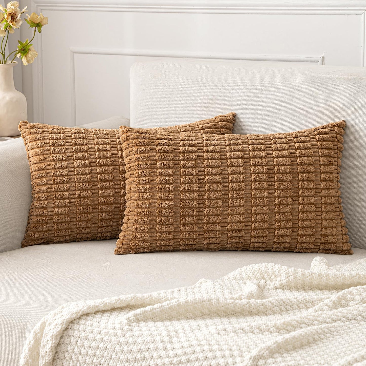 MIULEE Corduroy Decorative Throw Pillow Covers 18x18 Cream White Pack of 2 | Soft Boho Striped Pillow Covers Modern Farmhouse Home Decor For Sofa Living Room Couch Bed