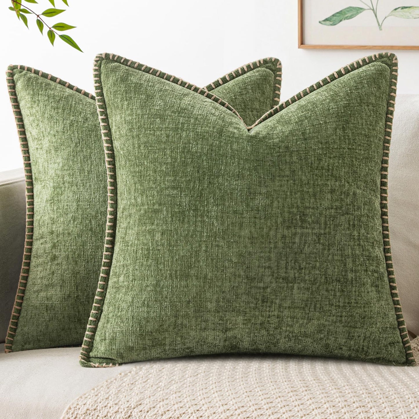 MIULEE Decorative Couch Throw Pillow Covers 18x18 Inch Sage Green 2 Pack | Farmhouse Pillow Covers with Stitched Edge, Soft Chenille Cushion Cases, for Sofa Bed Living Room Home Decor