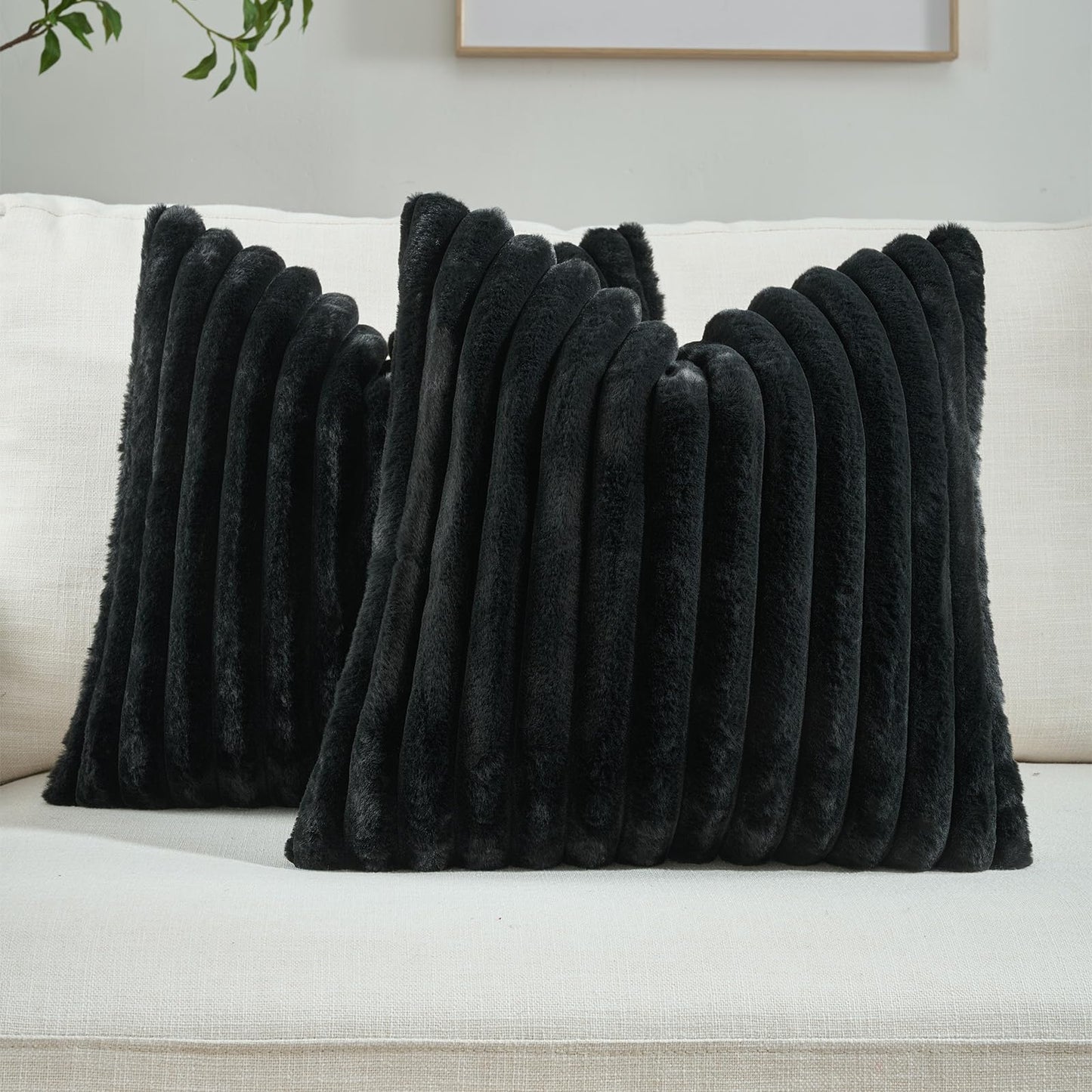 FUTEI Pack of 2 Faux Fur Throw Pillow Covers 18x18 Inch, Cream White | Fluffy Faux Rabbit Fur Front/Premium Velvet Back,Hidden Zipper,Machine Washable,Non-Shedding,Colorfast,Insert Not Included.