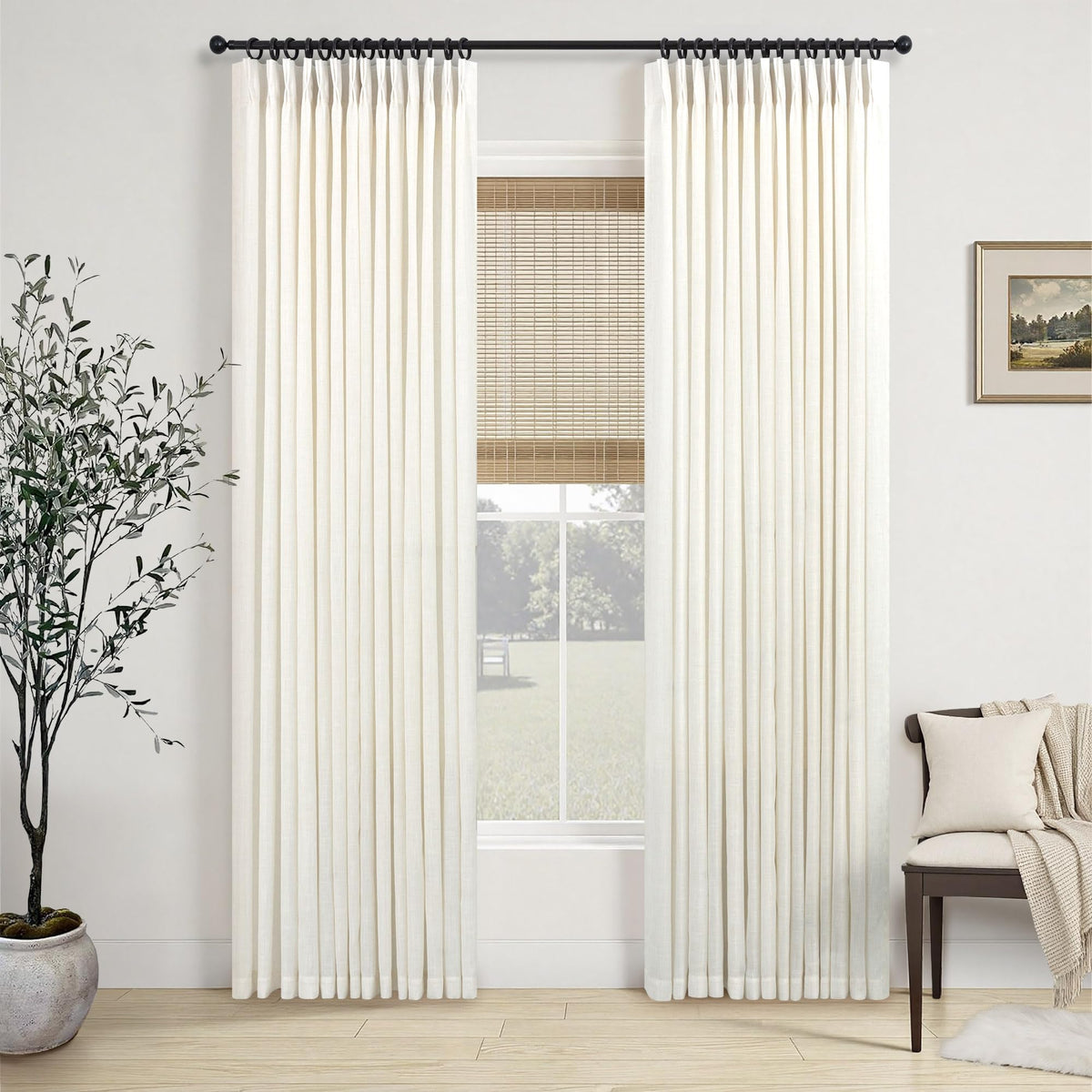 White Linen Pleated Curtains 84 Inches Long for Bedroom Back Tab Light Filtering Sheer Pinch Pleat Drapes Hook Ring Modern Farmhouse Coastal Cotton Textured Gauze Curtain Living Room 84 Length 2 Panel
