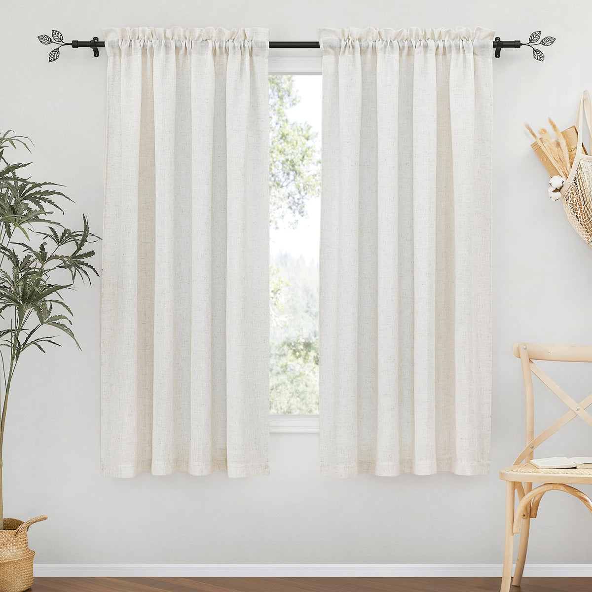 RYB HOME White Semi Sheer Curtains 84 inches Long for Living Room | Half Privacy, Linen Textured, Sheer Light Filtering, Vertical Window Drapes, for Bedroom Dining, White, W52 x L84, 2 Panels