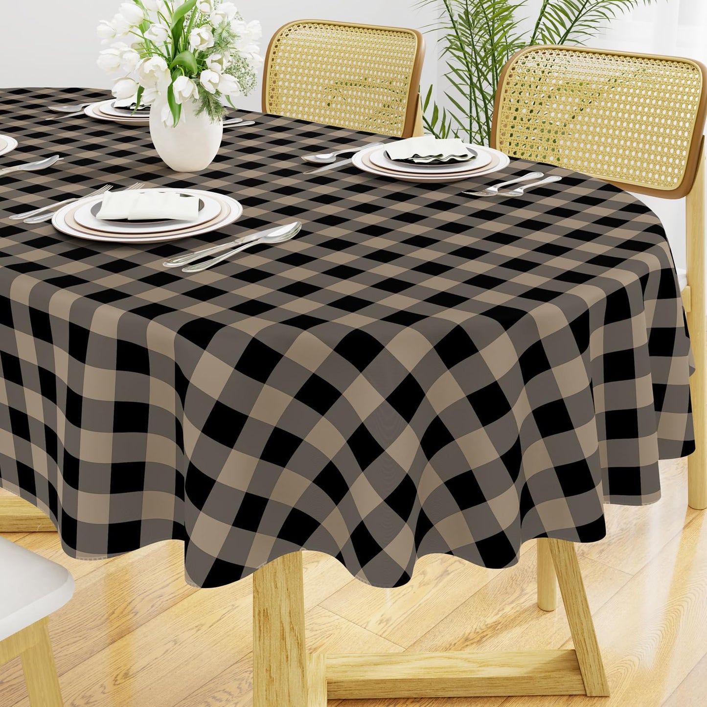 Smiry Picnic Table Cloth, Vinyl Tablecloths with Flannel Backing, 60"x84" | Waterproof Rectangle Table Cloth, Wipeable Buffalo Plaid Table Cover for Indoor and Outdoor (Khaki & White)