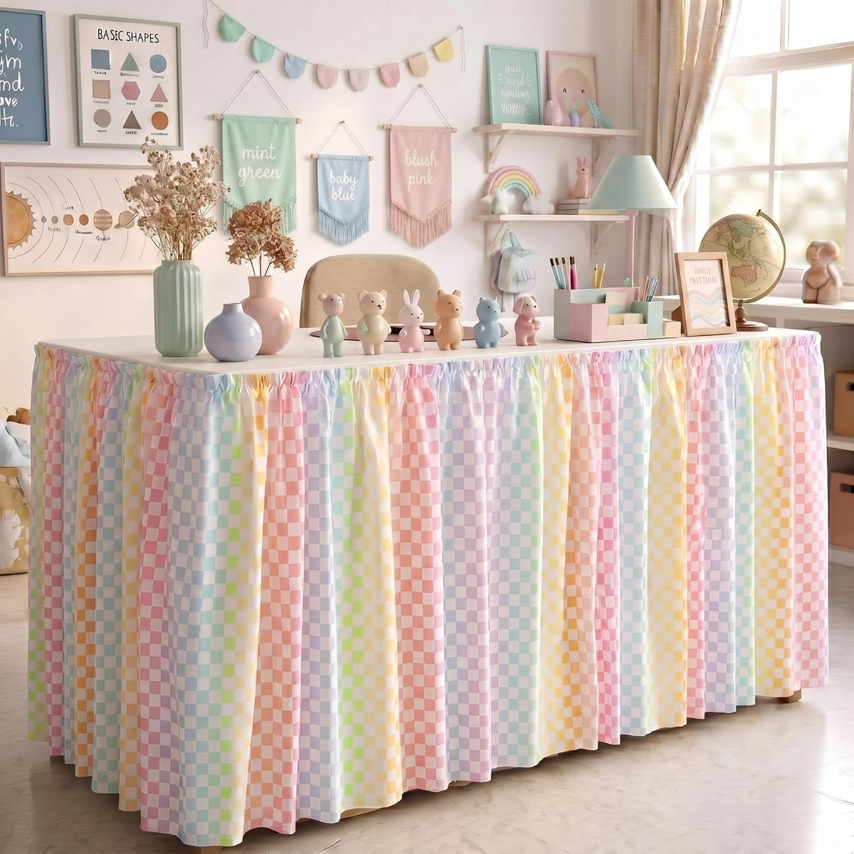 Teacher Desk Skirt 6 ft Pastel Checkered Classroom Decor | Ruffled Table Cover for Teacher Desk, Fits Kindergarten Office Decor, Back to School Classroom Supplies