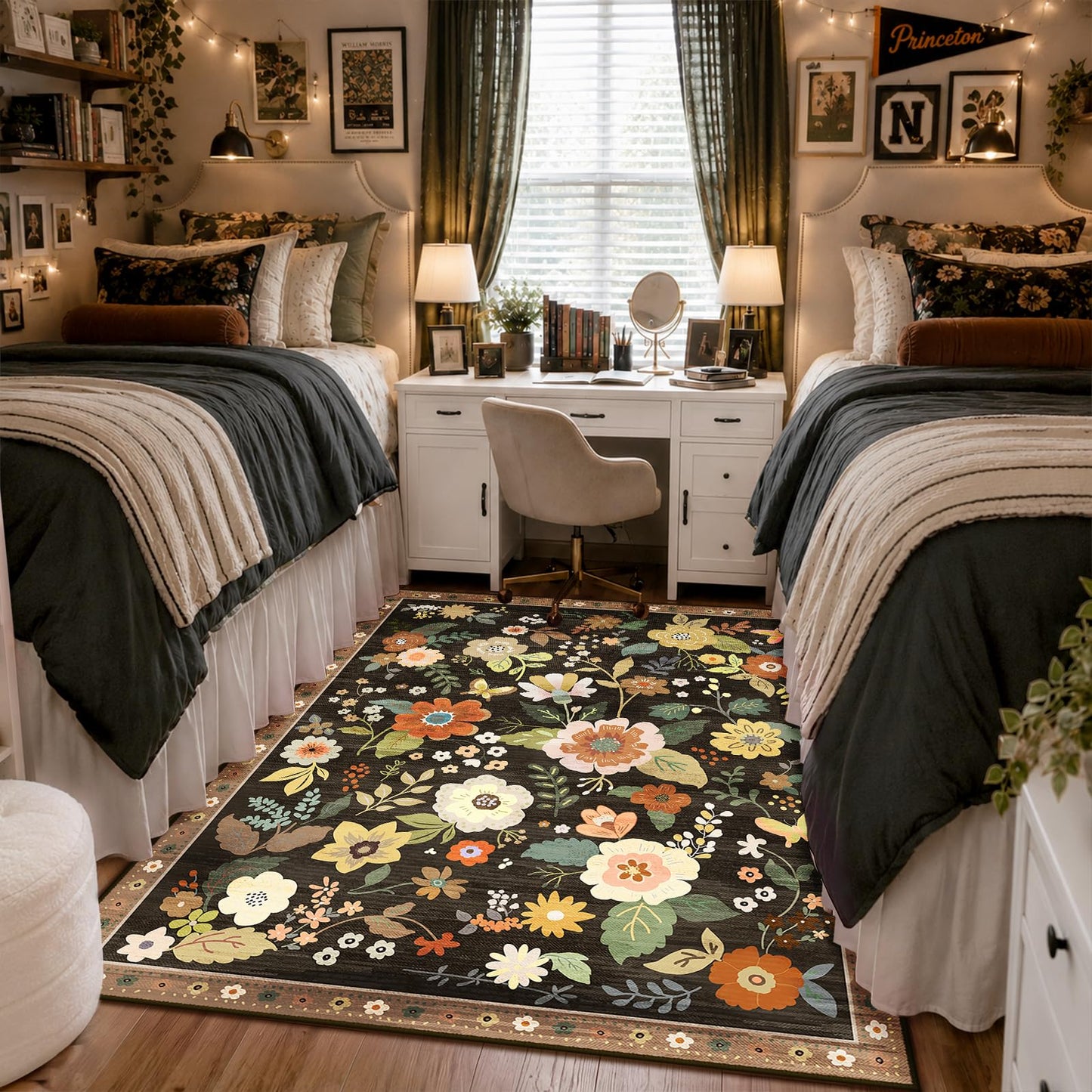 RELEANY Floral Washable 5x7 Area Rugs Beige/White/Orange | Flower Carpet, Print, Boho, Non-Slip, Easy to Clean, Soft, Low Pile for Living Room Bedroom Kitchen Office Entryway Hallway