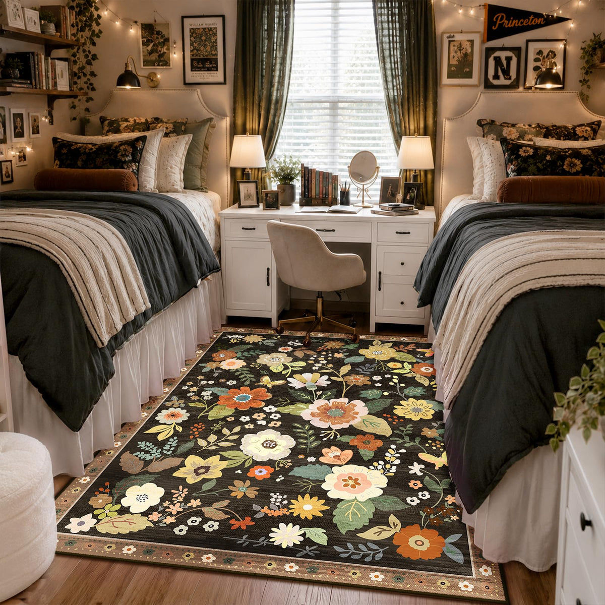 RELEANY Floral Washable 5x7 Area Rugs Black | Flower Carpet, Print, Boho, Non-Slip, Easy to Clean, Soft, Low Pile for Living Room Bedroom Kitchen Office Entryway Hallway