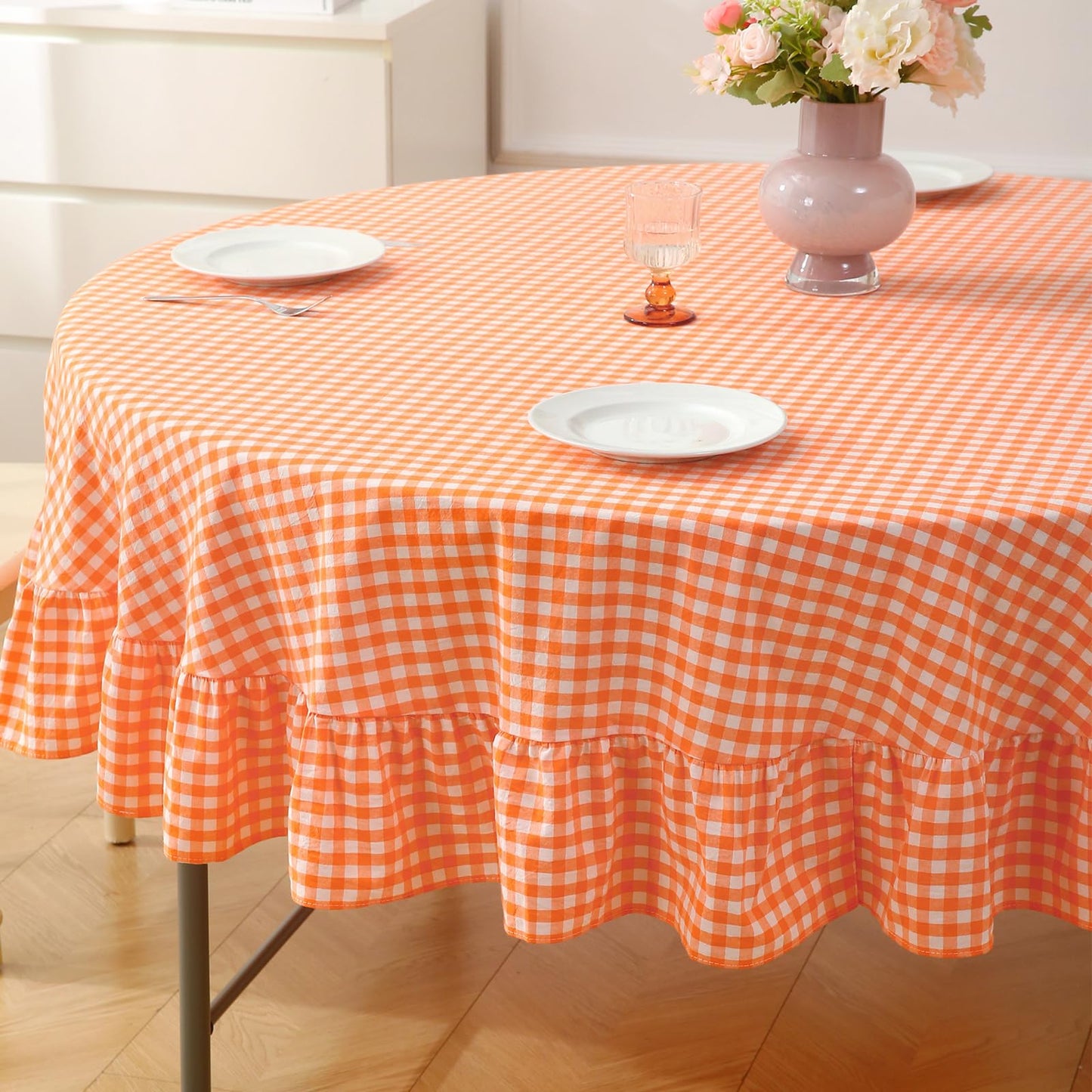 Blush White Gingham Ruffled Table Cloth Rectangular 120“x60” | 100% Washed Cotton, for Seat 8-10, Buffet Picnic Baby Shower Party Tablecloth, Decorative Checker Plaid Farmhouse Table Cover