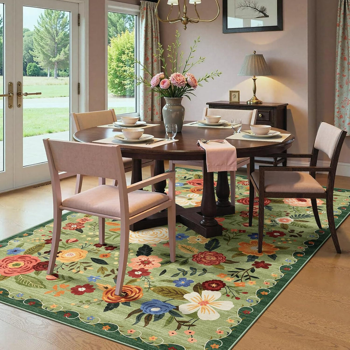 5x7 Washable Area Rug Green Boho Floral for Living Room Bedroom Nursery | Carpet for Dining Room, Soft Low-Pile Non-Slip Faux Wool, Farmhouse Indoor, Kid & Pet Friendly, Stain, Fade & Wear Resistant