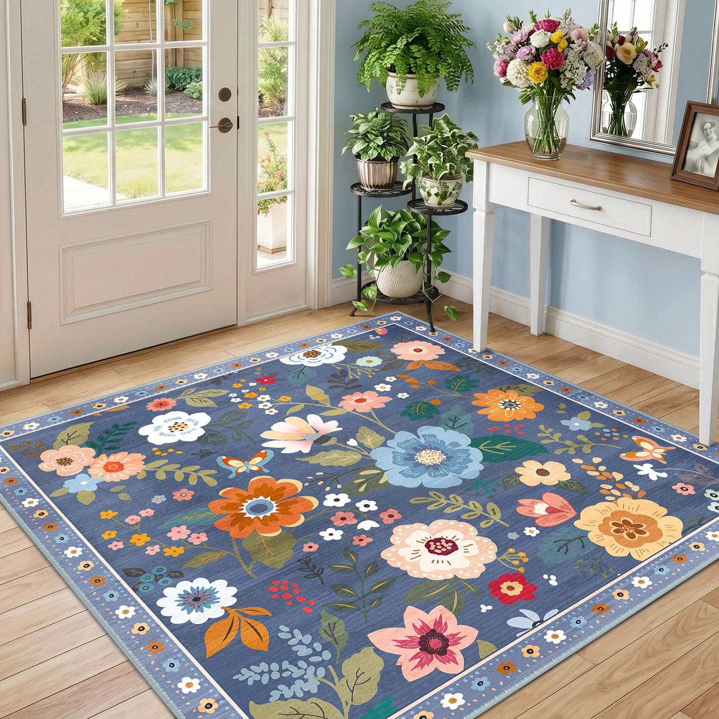 RELEANY Floral Washable 5x7 Area Rugs Black | Flower Carpet, Print, Boho, Non-Slip, Easy to Clean, Soft, Low Pile for Living Room Bedroom Kitchen Office Entryway Hallway