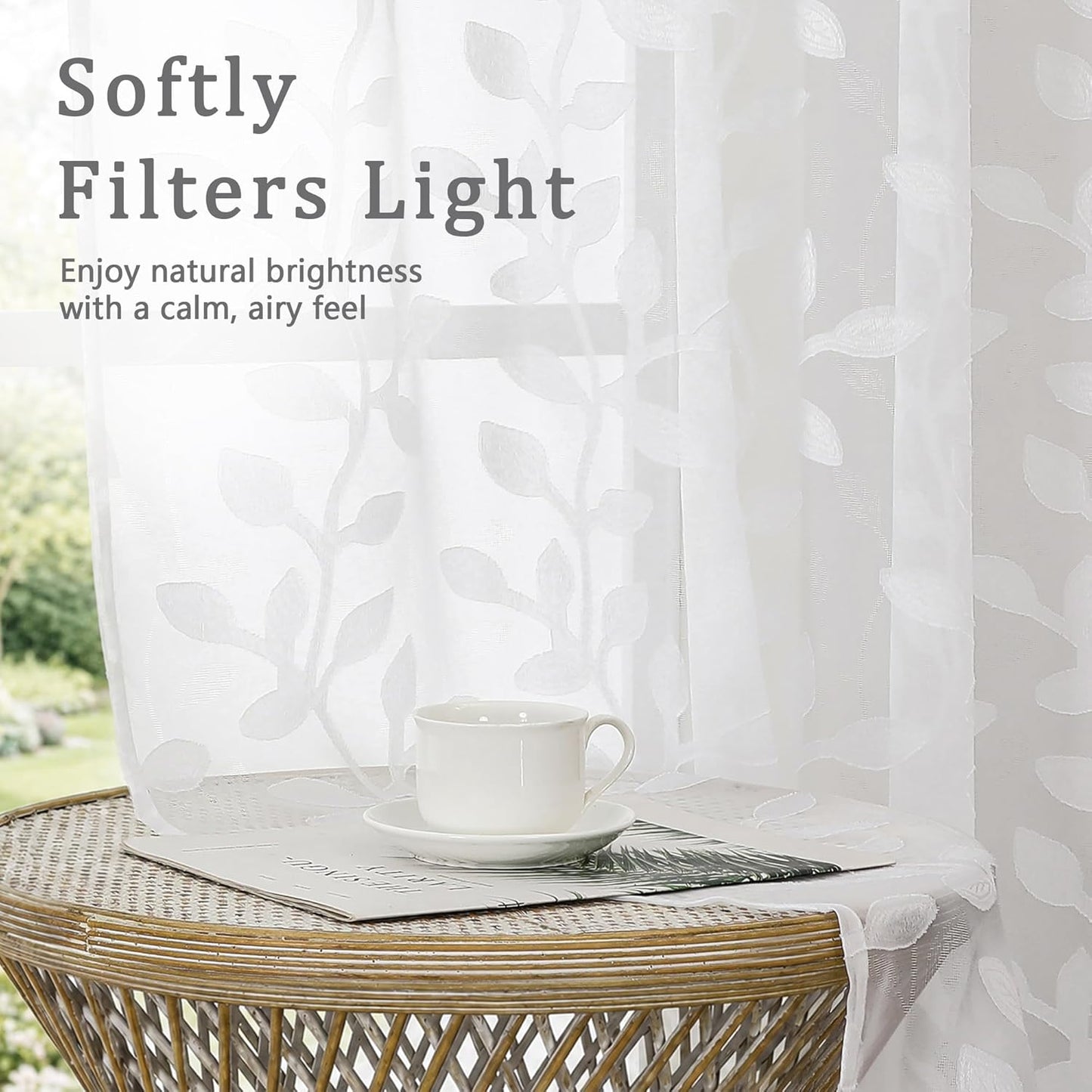 White Sheer Curtains 84 Inches Long - Light Filtering Leaf Jacquard Textured Semi Sheer Curtains, Rod Pocket Drapes for Living Room Bedroom 2 Panels Set, 2x37Wx84L Inches