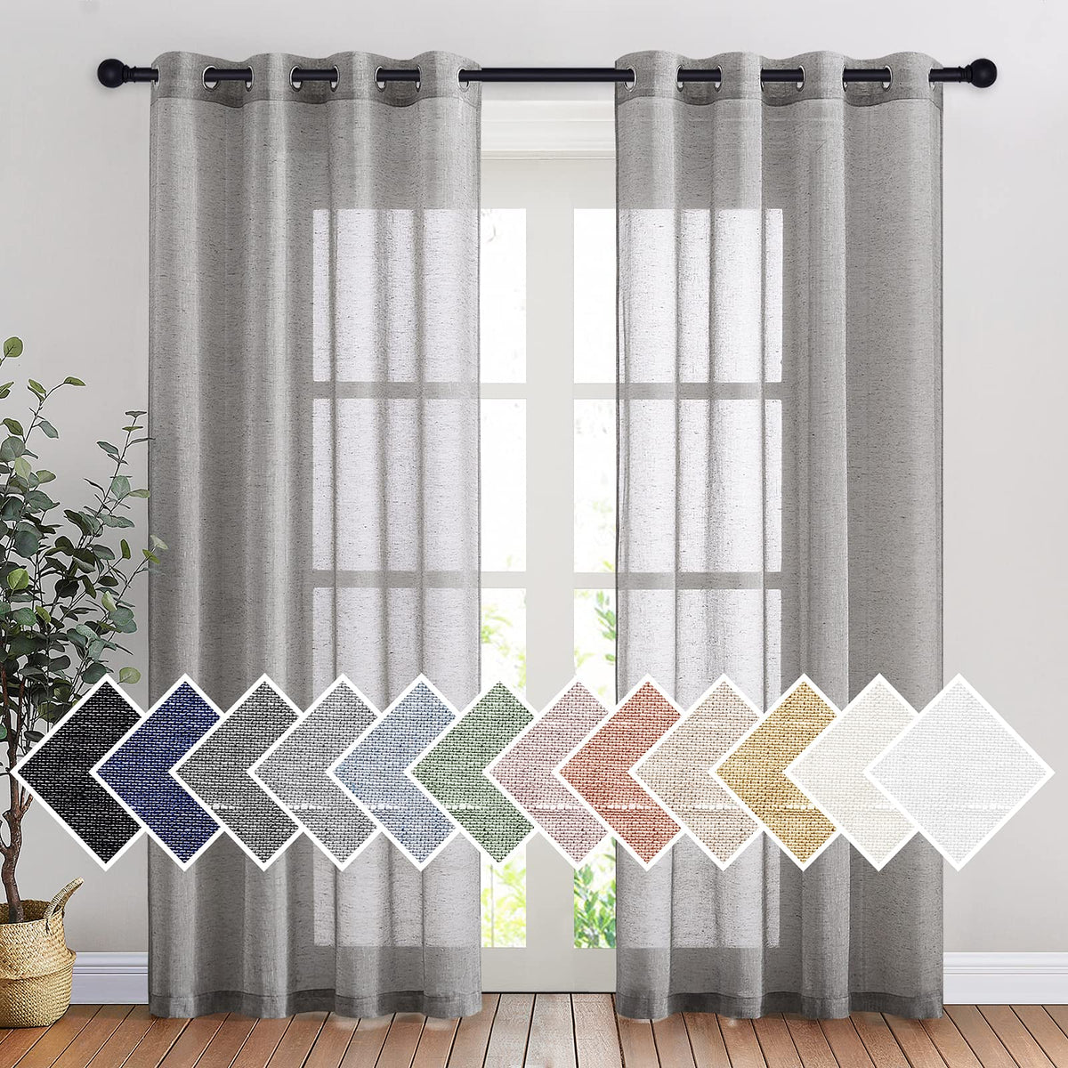 NICETOWN White Sheer Linen Curtains for Living Room 84 inch Length 2 Panels Set, Grommet Semi Sheer Privacy with Light Filtering Flax Window Treatments for Bedroom, W52 x L84