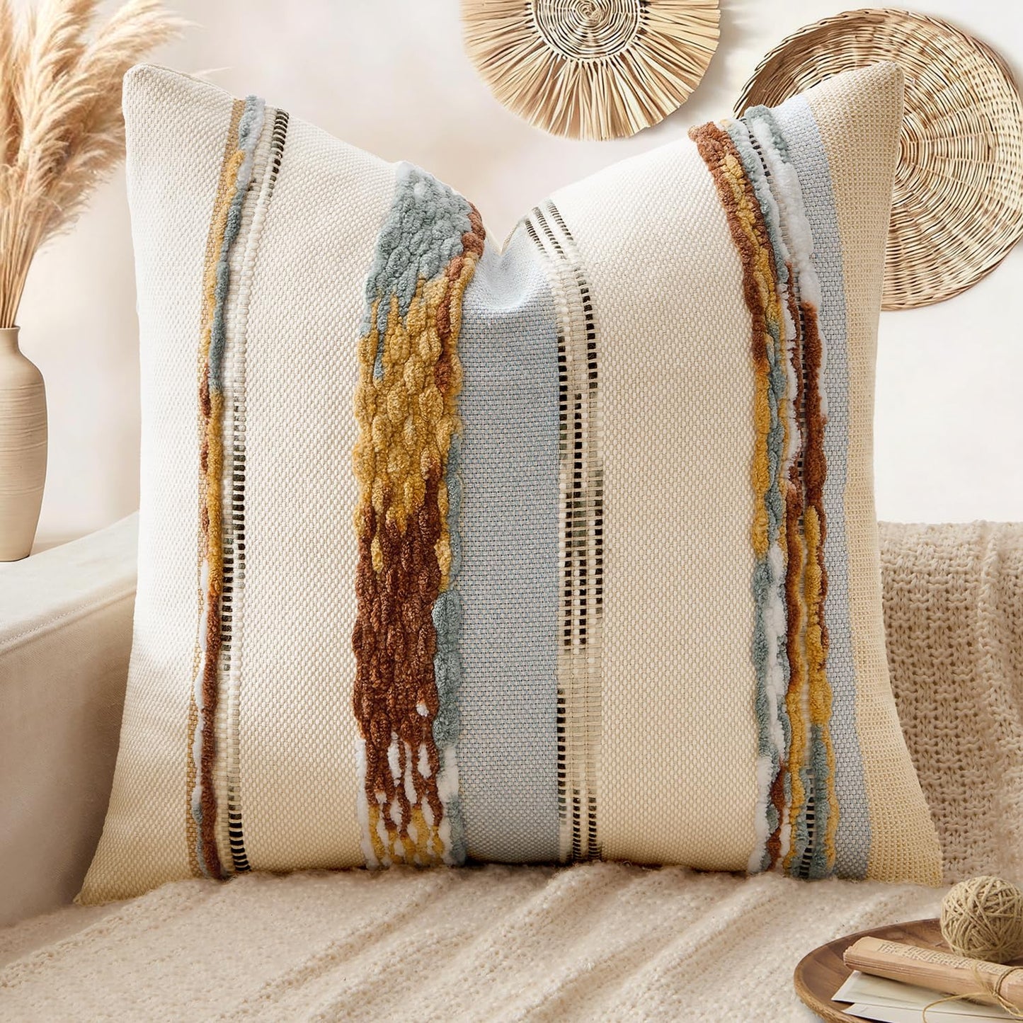ANRODUO Boho Decorative Pillow Covers Olive Green Stripe 18x18 Pack of 2 | Throw Pillow Covers, Farmhouse Cushion Case, Chenille Pillow Cases, Pillow Covers, Accent Neutral Pillowcase for Couch Bed