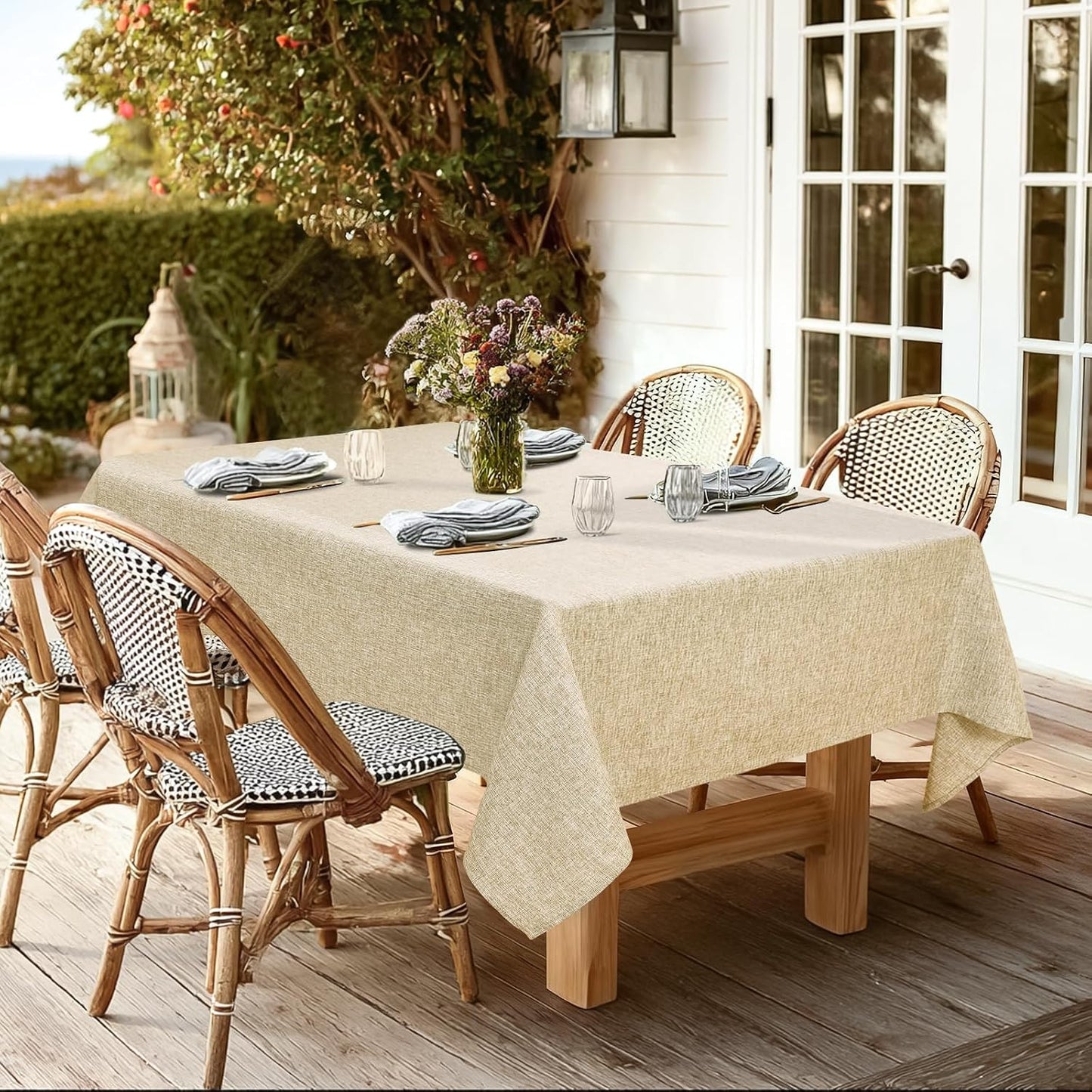 JIUZHEN Rectangle Table Cloth Faux Linen Farmhouse Tablecloth, Wrinkle and Stain Resistant Decorative Fabric Rectangular Spring Table Cover for Dining/Party/Birthday/Wedding, Beige, 54 x 80 Inch