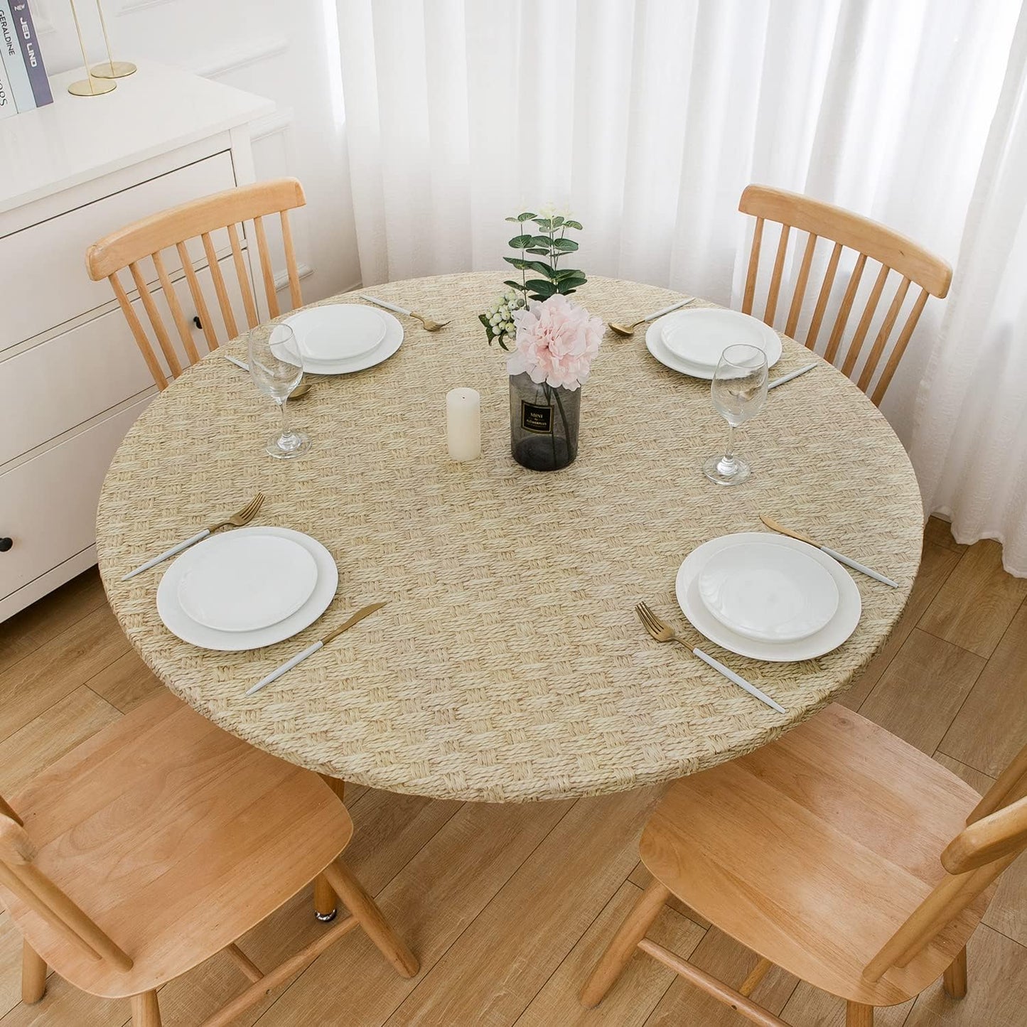 Pioggia Round Vinyl Fitted Tablecloth with Flannel Backing Elastic Table Cloth Waterproof Oil-Proof Plastic Table Cover Best for 45"-56" Round