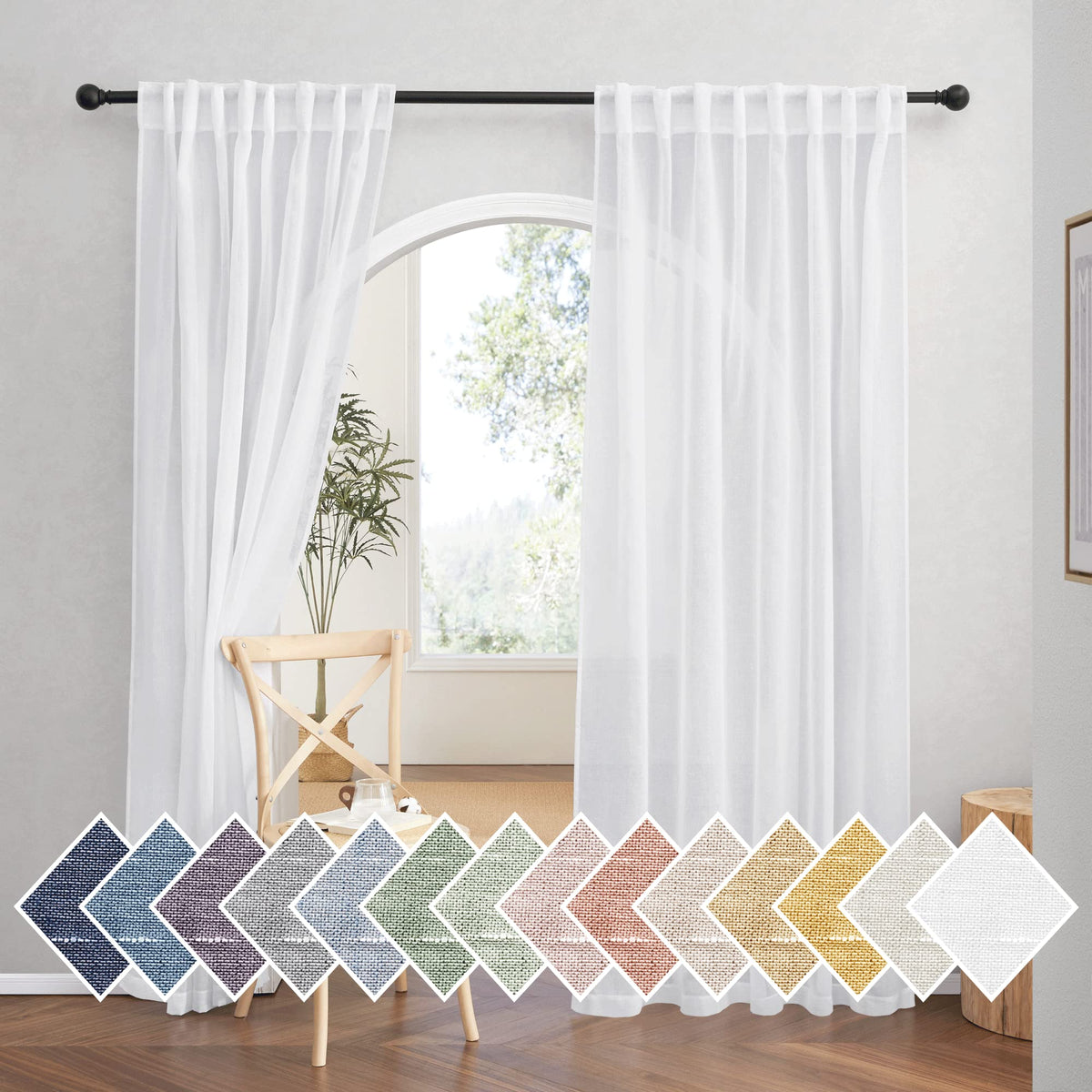 NICETOWN Semi Sheer White Curtains 84 inch Long, Rod Pocket & Back Tab Sheer Linen Curtains & Drapes Balance Privacy & Light Panels for Bedroom/Living Room, W52 x L84, 2 Panels
