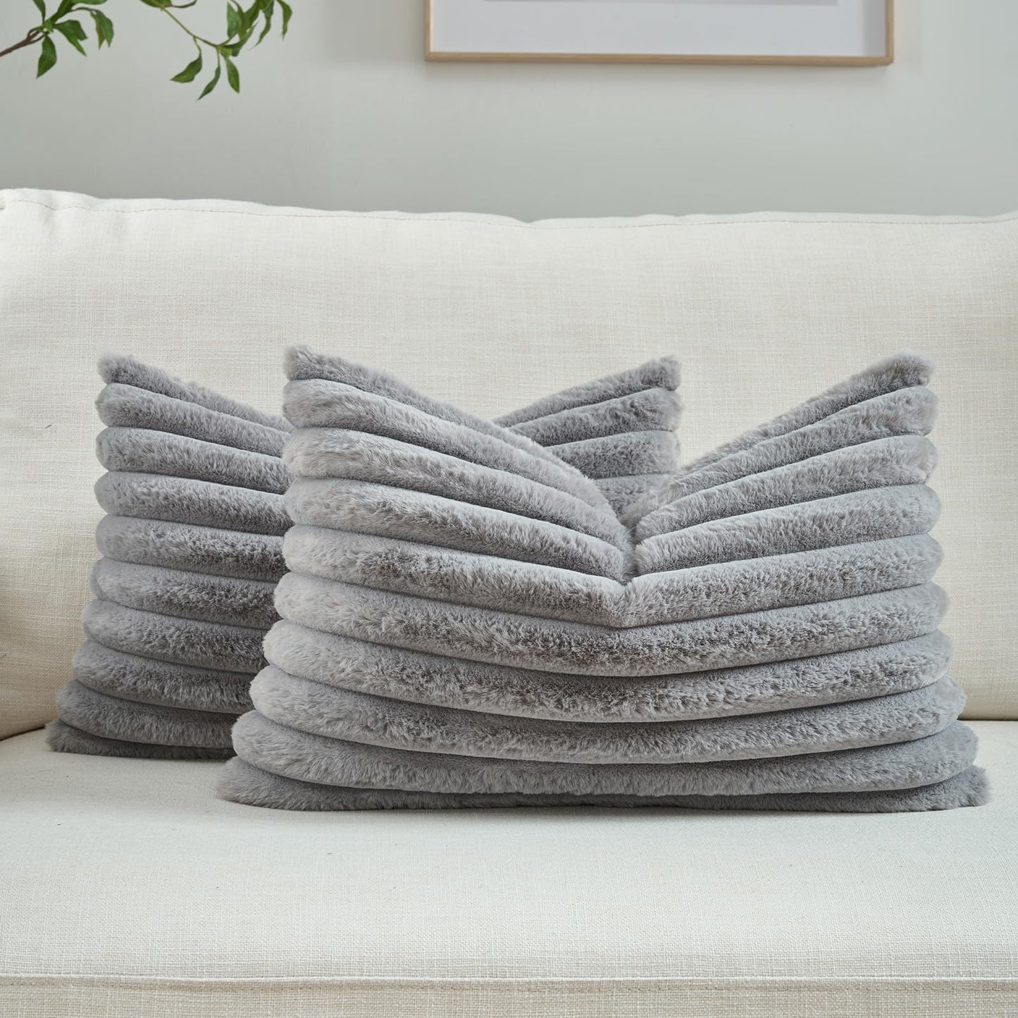 FUTEI Pack of 2 Faux Fur Throw Pillow Covers 18x18 Inch, Cream White | Fluffy Faux Rabbit Fur Front/Premium Velvet Back,Hidden Zipper,Machine Washable,Non-Shedding,Colorfast,Insert Not Included.
