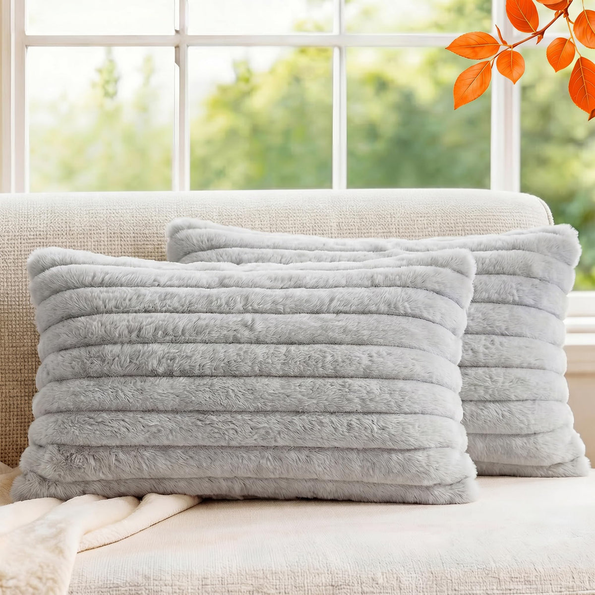 Pack of 2 Throw Pillow Covers 18x18 Decorative Solid Plush Faux Fur with Soft Velvet Back, Square Striped Cushion Cases Modern Farmhouse Home Decor for Living Room Couch Sofa Bed Cream White