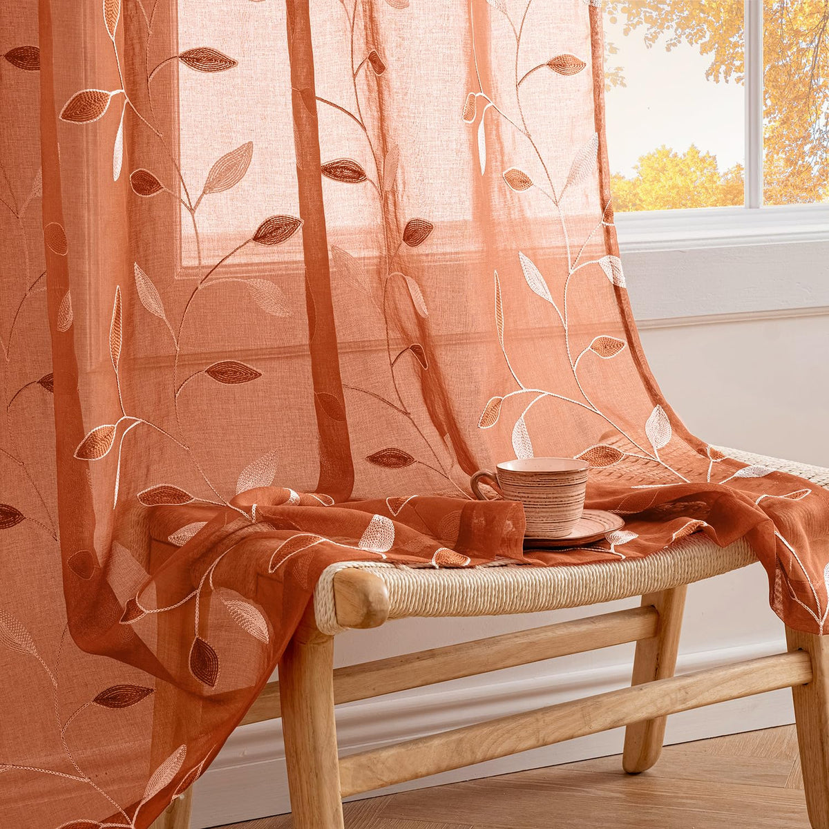 MIULEE Sage Green Sheer Curtains 2 Panels Leaf Patterned, W52 x L84 | Embroidered Floral Semi Sheer,Rod Pocket,Faux Linen,Short Window Curtains Drapes Set for Kitchen/Bathroom/Cafe
