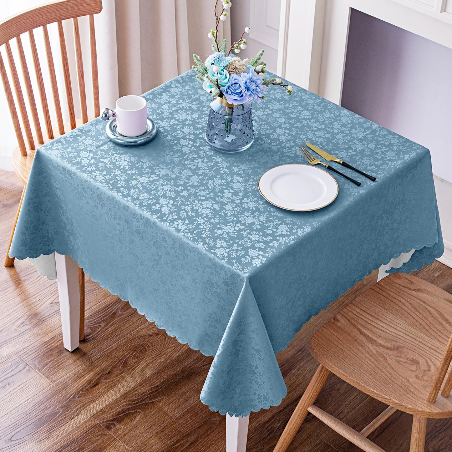 Smiry Rectangle Waterproof Heavy Duty Vinyl Tablecloths, 60 x 84 Inch | Wipeable Washable Floral Embossed Table Cover for Kitchen and Dining Room, Indoor & Outdoor Use, Beige