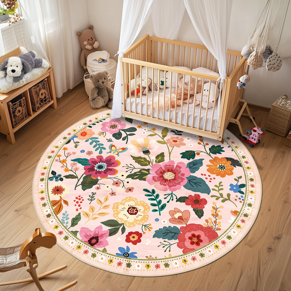 RELEANY Floral Washable 5x7 Area Rugs Beige/White/Orange | Flower Carpet, Print, Boho, Non-Slip, Easy to Clean, Soft, Low Pile for Living Room Bedroom Kitchen Office Entryway Hallway
